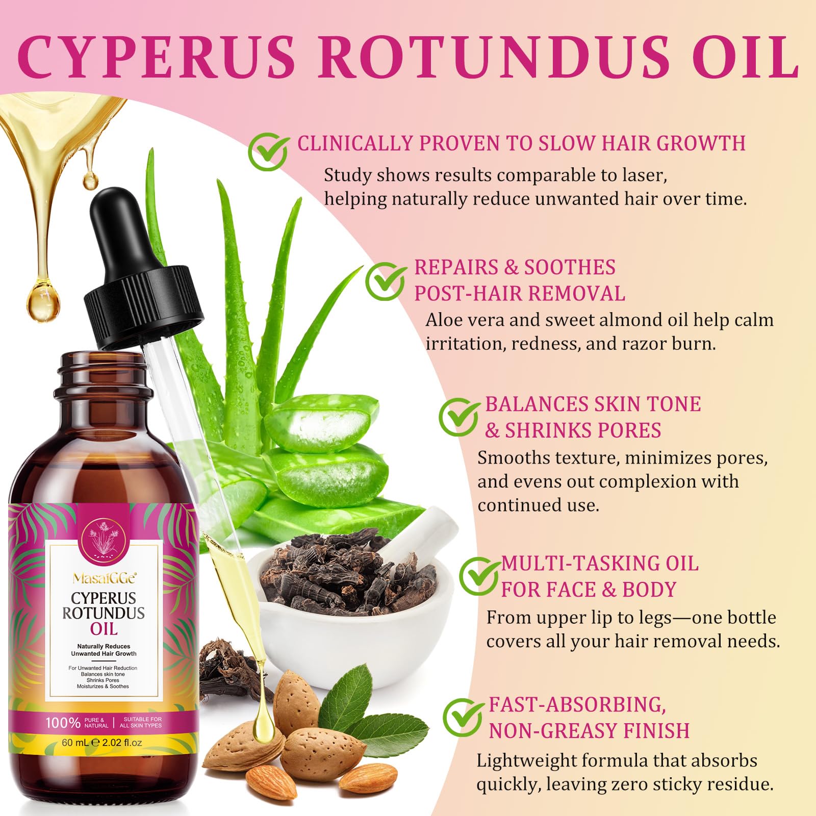 Cyperus Rotundus Oil - Olio naturale per il corpo per la depilazione, riduce la crescita dei peli del corpo, leviga la pelle, riduce i pori, delicato e delicato per tutti i tipi di pelle, 60 ml