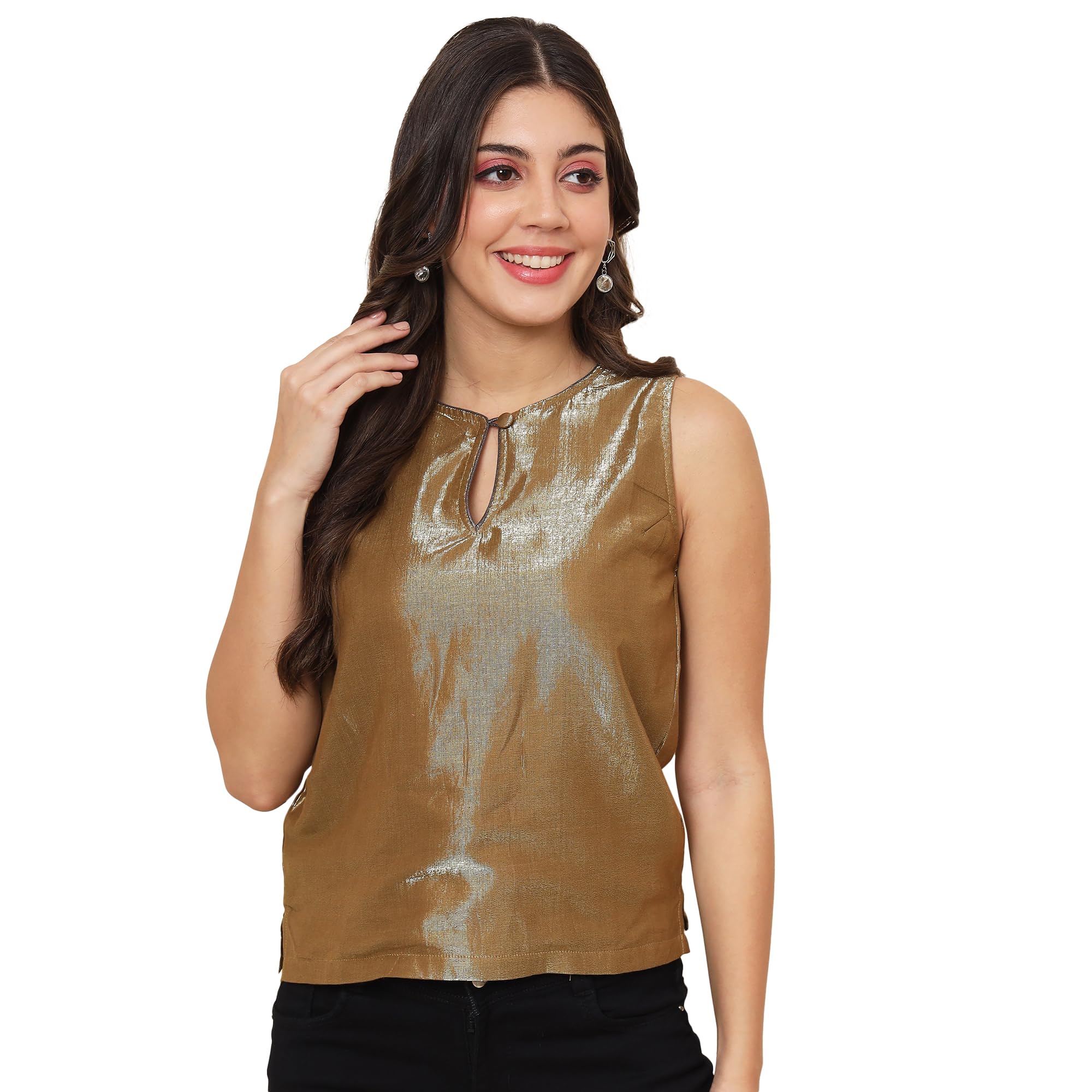 EBRY Shimmer Cotton Fabric Solid Golden Color | Key Hole Neck | Sleeveless Top for Women