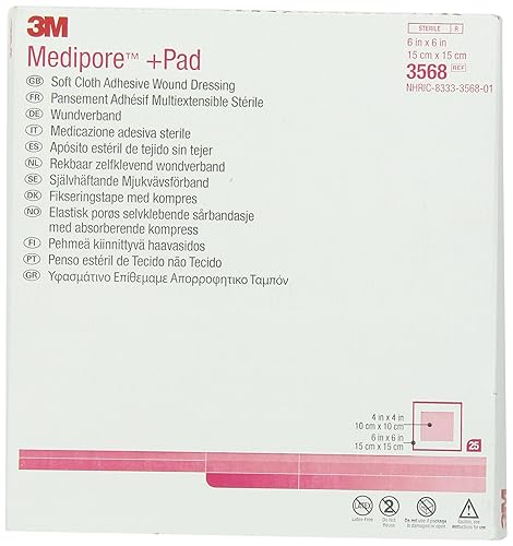 3M Medipore +Pad - Apósito adhesivo para heridas de tela suave, 3568, apósito - 6 pulgadas x 6 pulgadas, almohadilla - 4 x 4 pulgadas