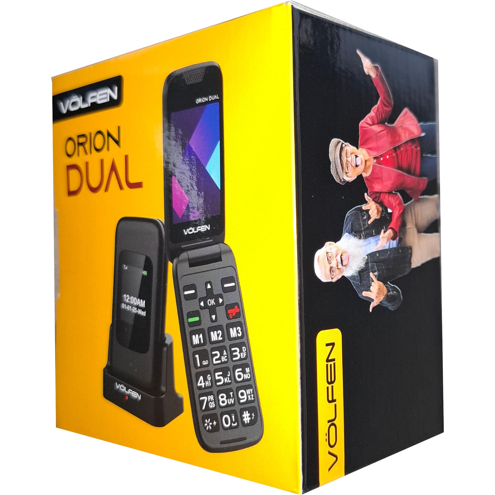 Orion Dual - Teléfono móvil de Tapa para Personas Mayores de Doble Pantalla, Botones y Teclas Grandes, fácil de Usar, USB-C, 3 memorias directas, Base de Carga (Negro)