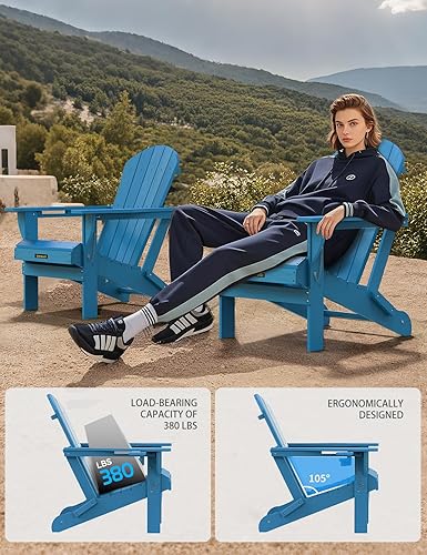 Miniatura 5 de Silla Adirondack de plástico HDPE, silla Adirondack plegable resistente a la intemperie con soporte para tazas, silla de madera texturizada para