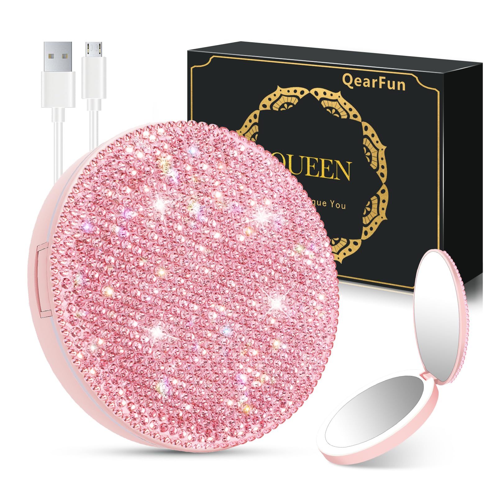 QearFun Luxurious Rhinestone LED Lighted Compact Mirror,Bling Portable Travel Makeup Mirrors,3.5 inch Rechargeable Mini Magnifying Pockets Mirror,Sparkly Beauty for Women,Wedding Favors for Guests