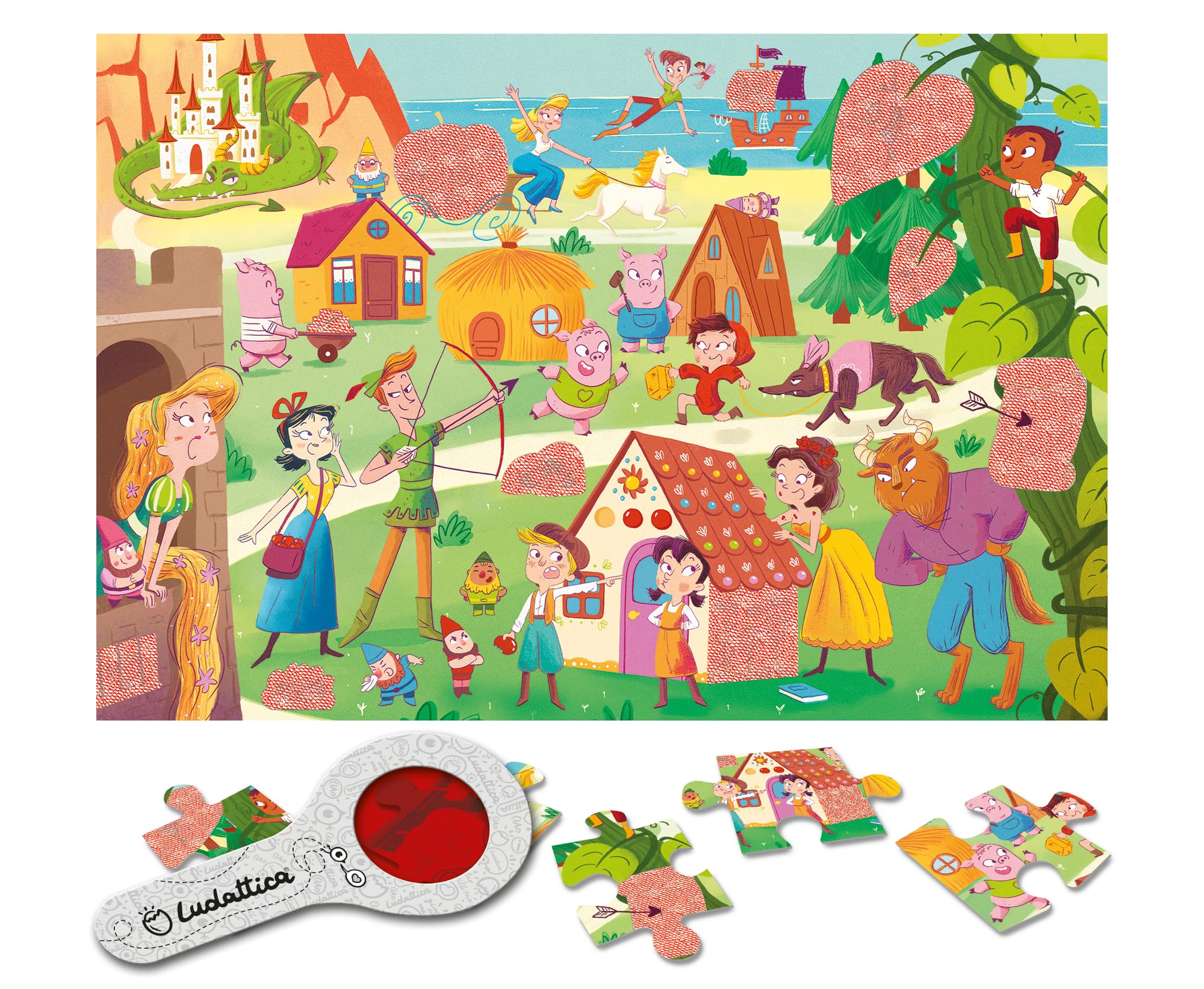 Ludattica - Geheimes Puzzle, 24 Maxi-Teile | Format 50 x 35 cm | mit Spion-Linse im Lieferumfang enthalten | Märchenfiguren | Lernspiel für Kinder ab 3 Jahren | Made in Italy