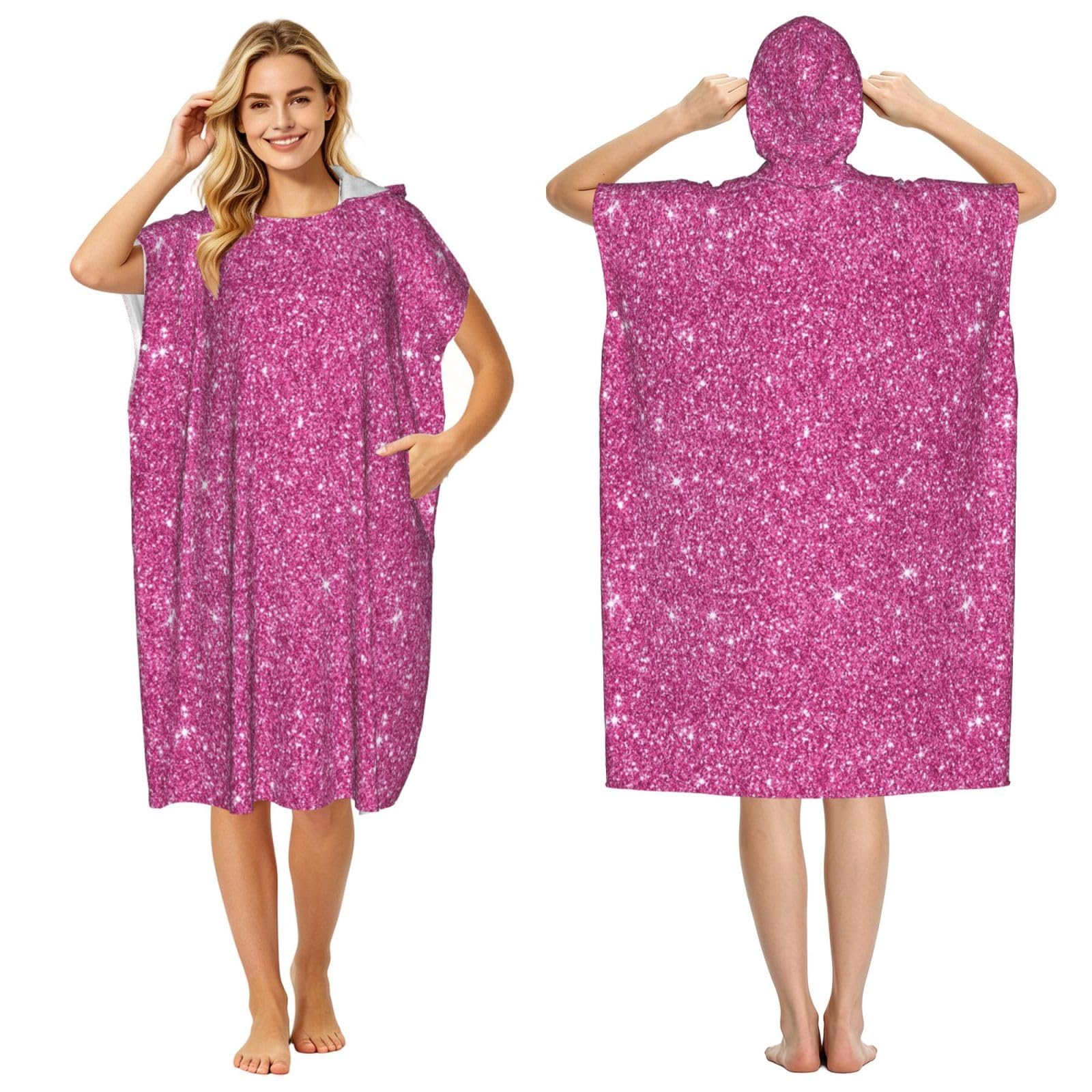 Poadnly Sparkling Pink Glitter, Adult Hooded Beach Towel 90 x 110 cm,Changing Bath Robe, Surf Poncho Towel For Women Men