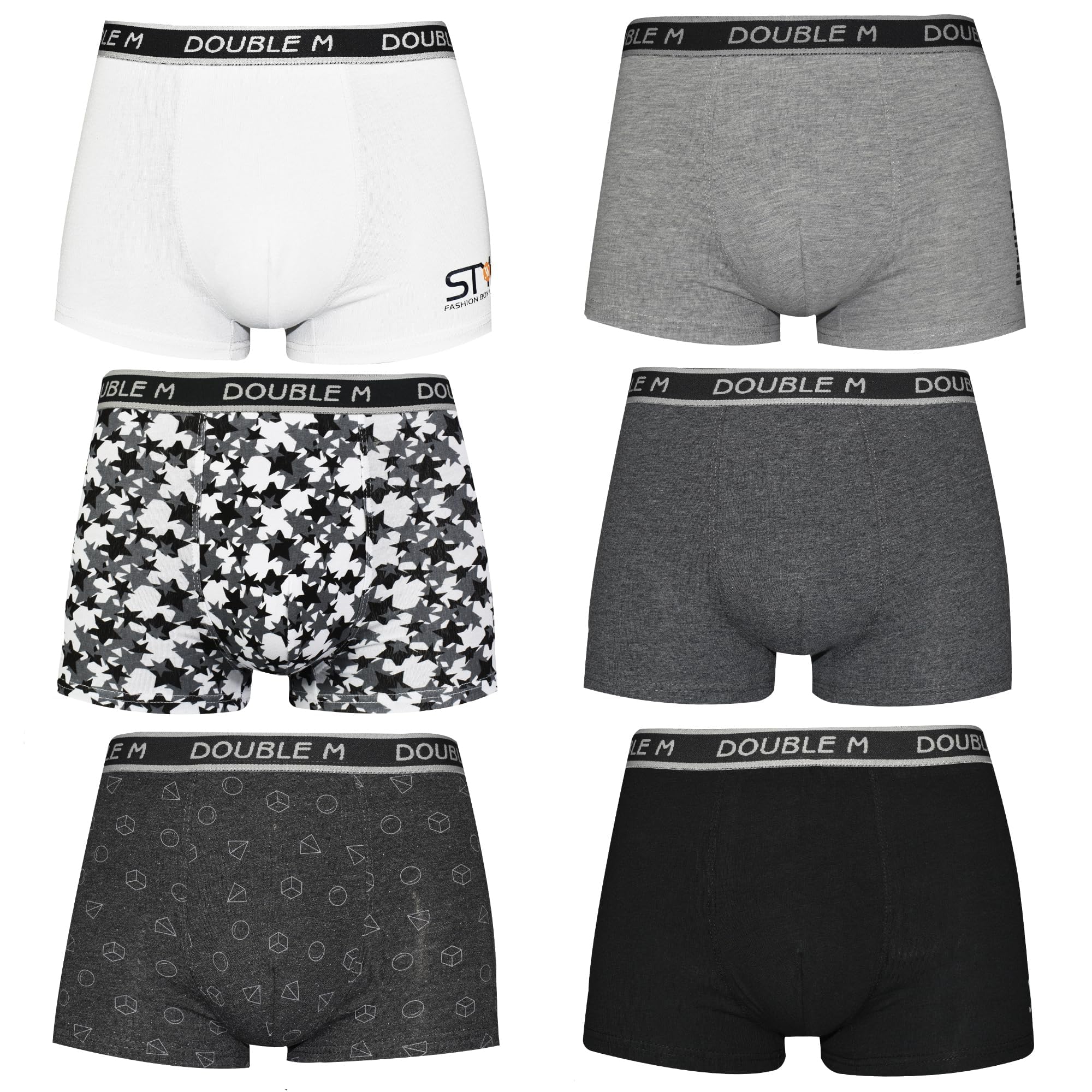 DOUBLE M, Pack de 6 Calzoncillos Juveniles en Algodón, Talla 14 Años, Ropa Interior Juvenil, Bóxer para Adolescente, Variedad de Estilos, Calzoncillos Suaves y Transpirables, Bóxer Elástico y Cómodo