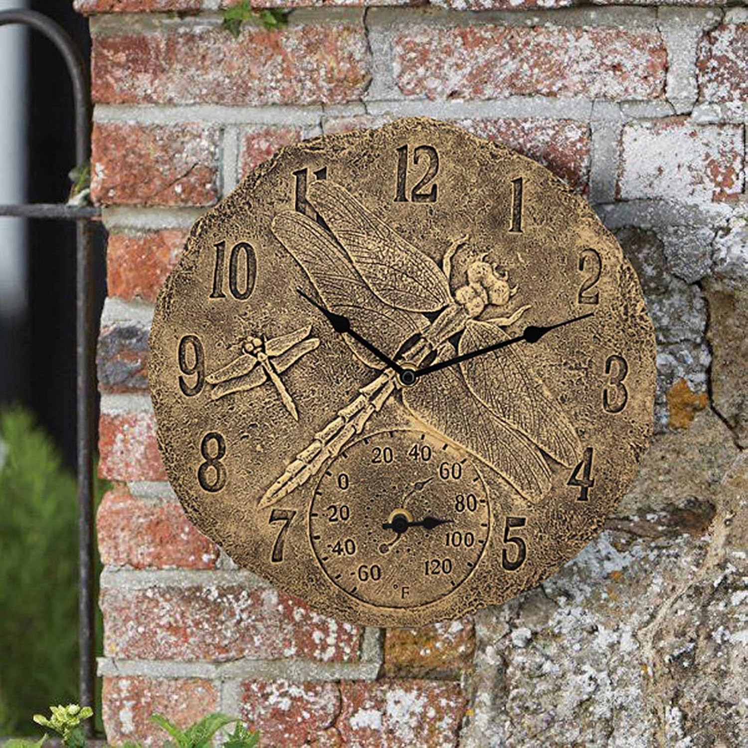 Indoor Outdoor Clock Bronze Effect Dragonfly Garden Wall Clock, 12 Inch Large Waterproof Proof Wall Clocks Thermometer Battery Operated Retro Resin Ornaments for Home Patio Pool Farmhouse Decorative