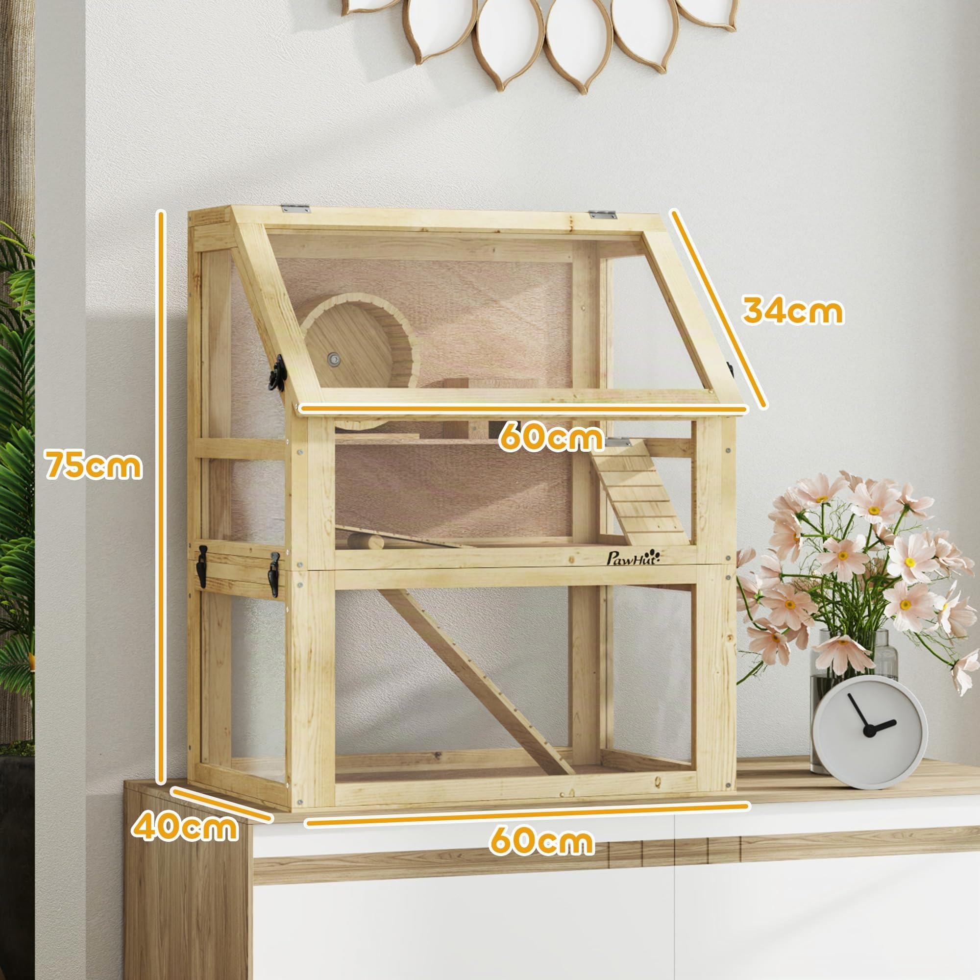 PawHut Cage à hamster en bois 3 étages finition bois naturel | Gerbil Cage amovible de 32 cm de profondeur, cabane, balançoire, roue d'exercice, rampes