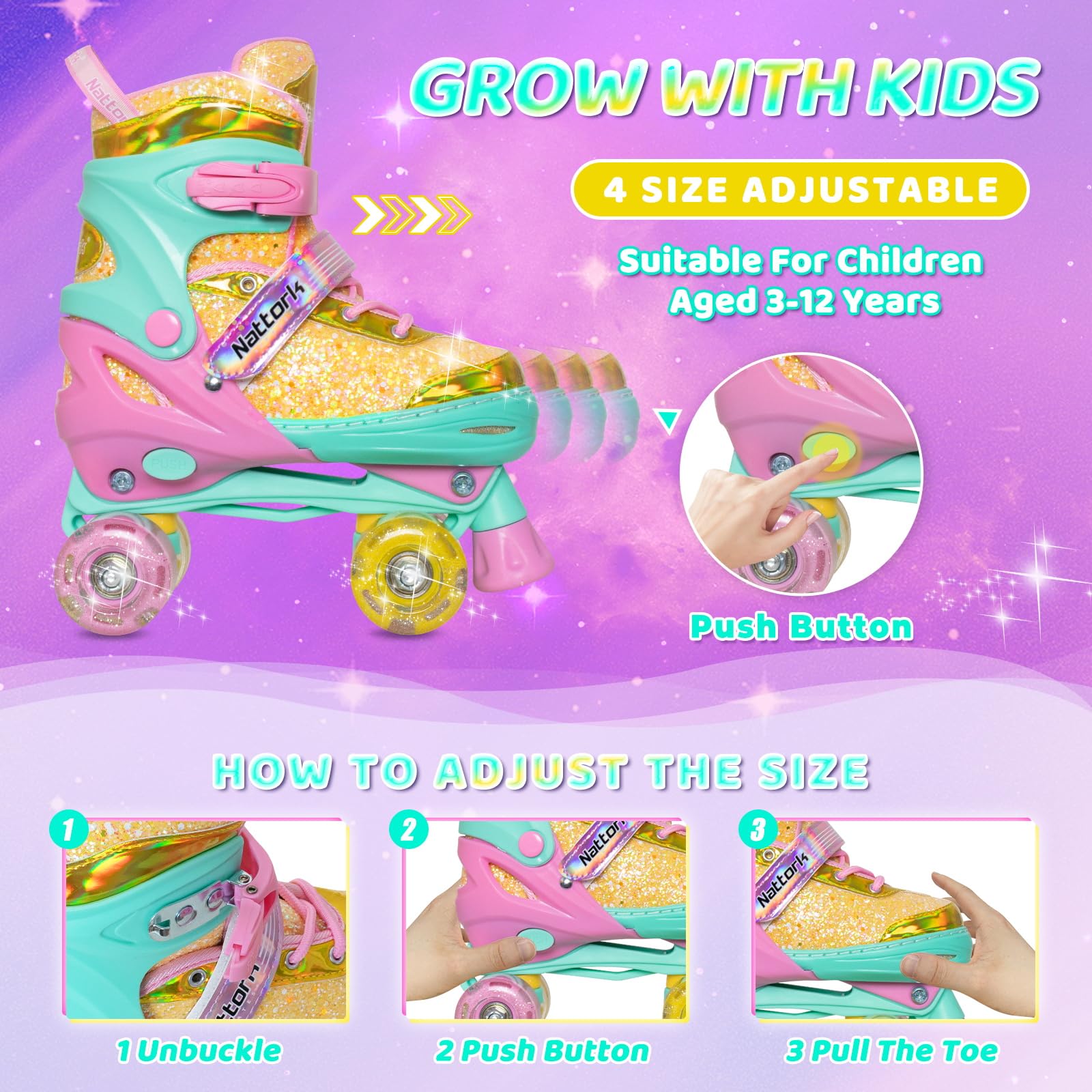 Nattork Patines de ruedas para niñas y niños, 4 tamaños ajustables, patines para niñas de 3 a 12 años con ruedas iluminadas y protección de seguridad, regalo de cumpleaños genial para deportes en