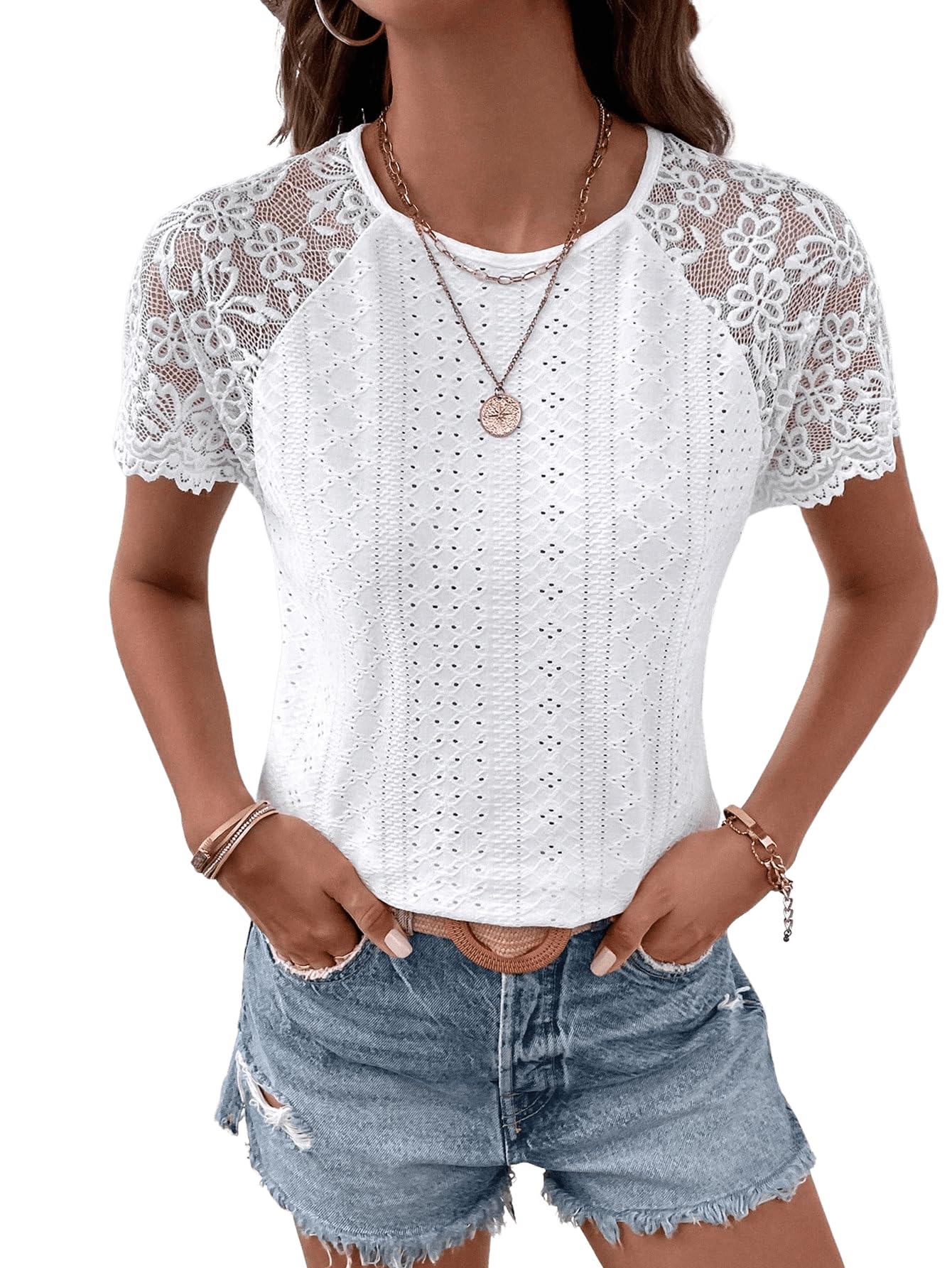 GORGLITTER Spitzenshirt Damen Elegant Tshirt Mit Kontrast Spitze Kurzarm Oberteil Spitzen Top Locker