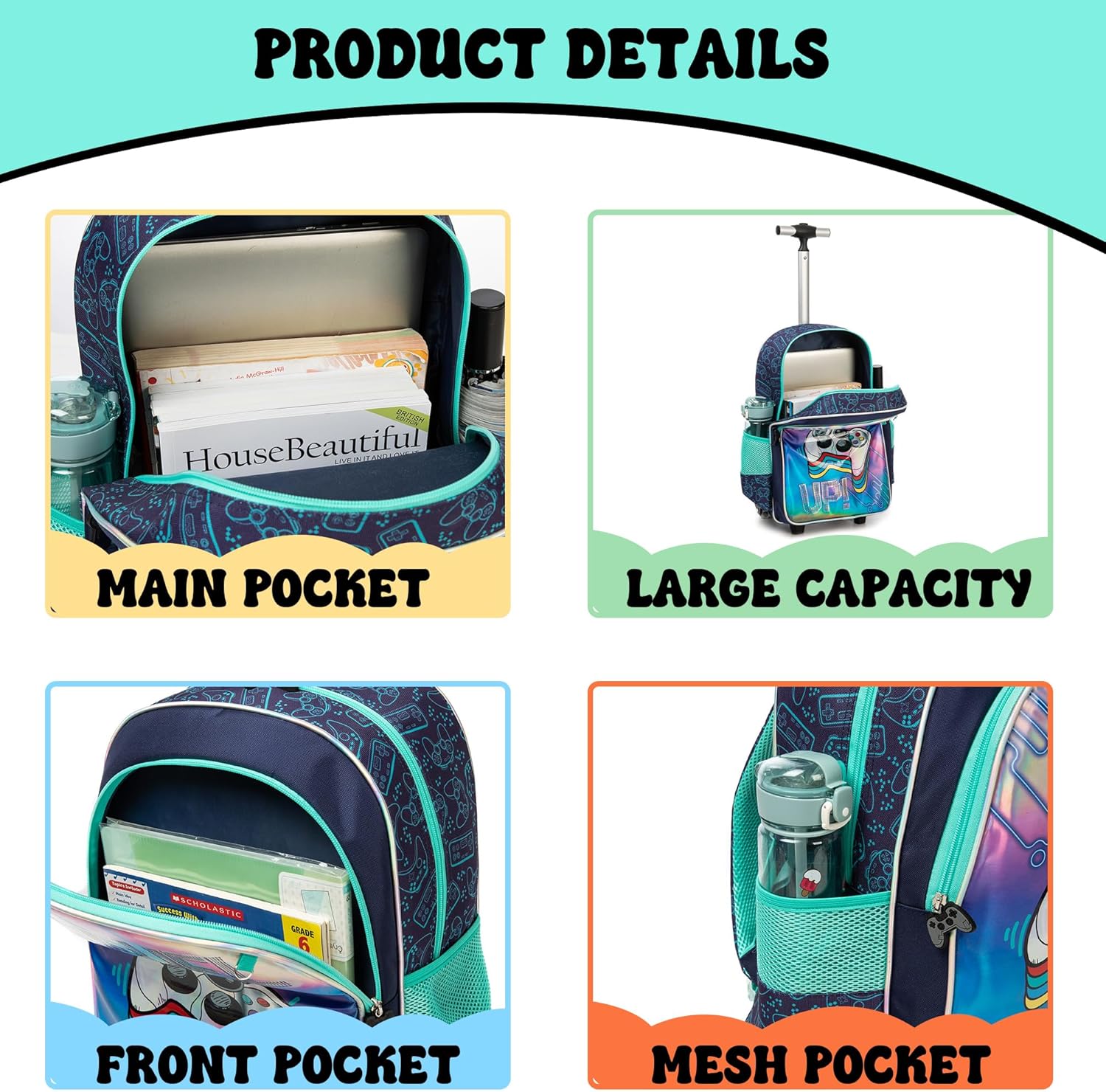 Backpack with Wheels for Boys Rolling Backpack with Lunch Box Pencil Case for Kids Carry On Suitcase with Wheels for Elementary Teens Boys