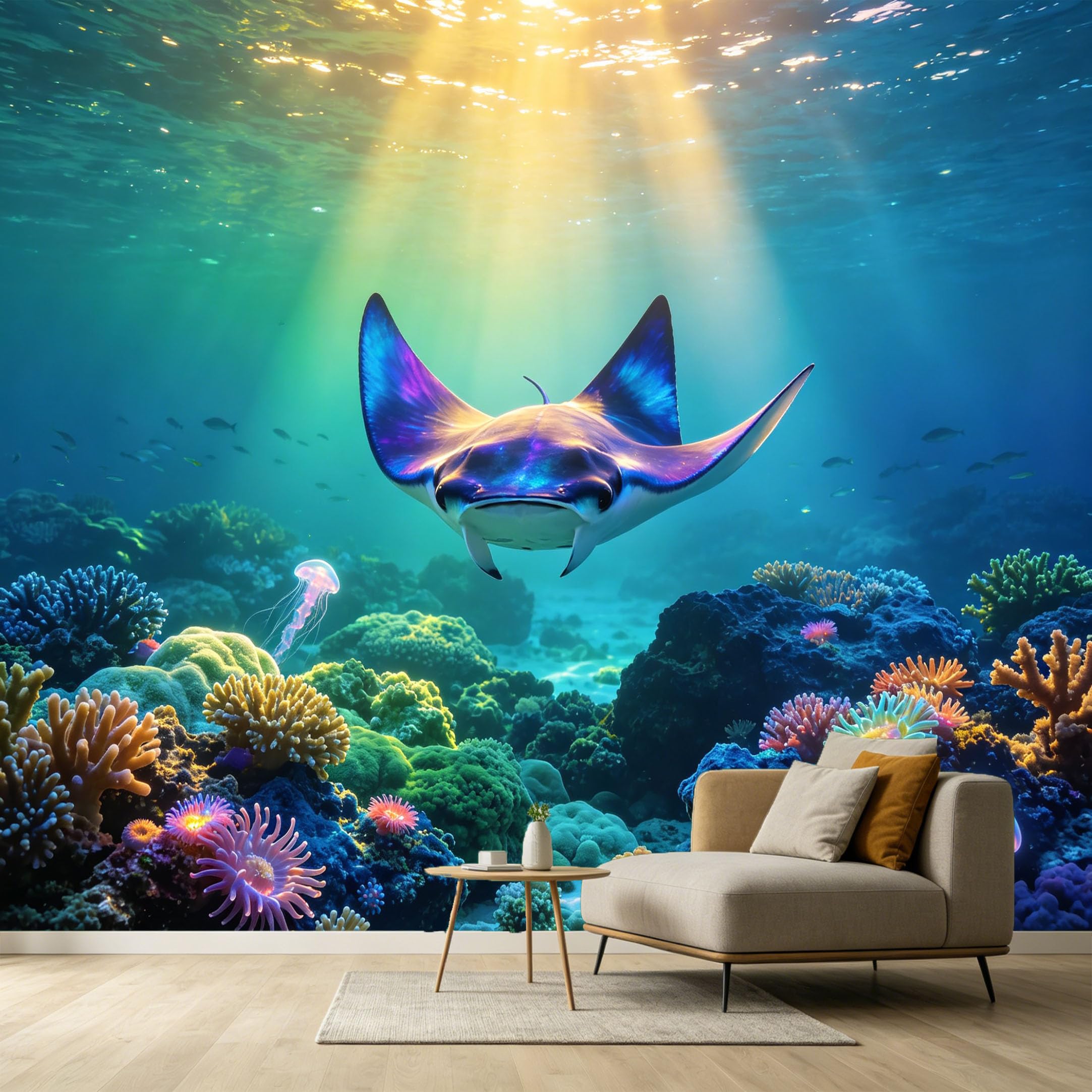 Custom Size Wall Murals Ocean Marine Tropical Reef Manta Ray Jellyfish 3D Underwater Scene SelfAdhesive Wall Fabric Removable Large Wallpaper for Photo Living Room