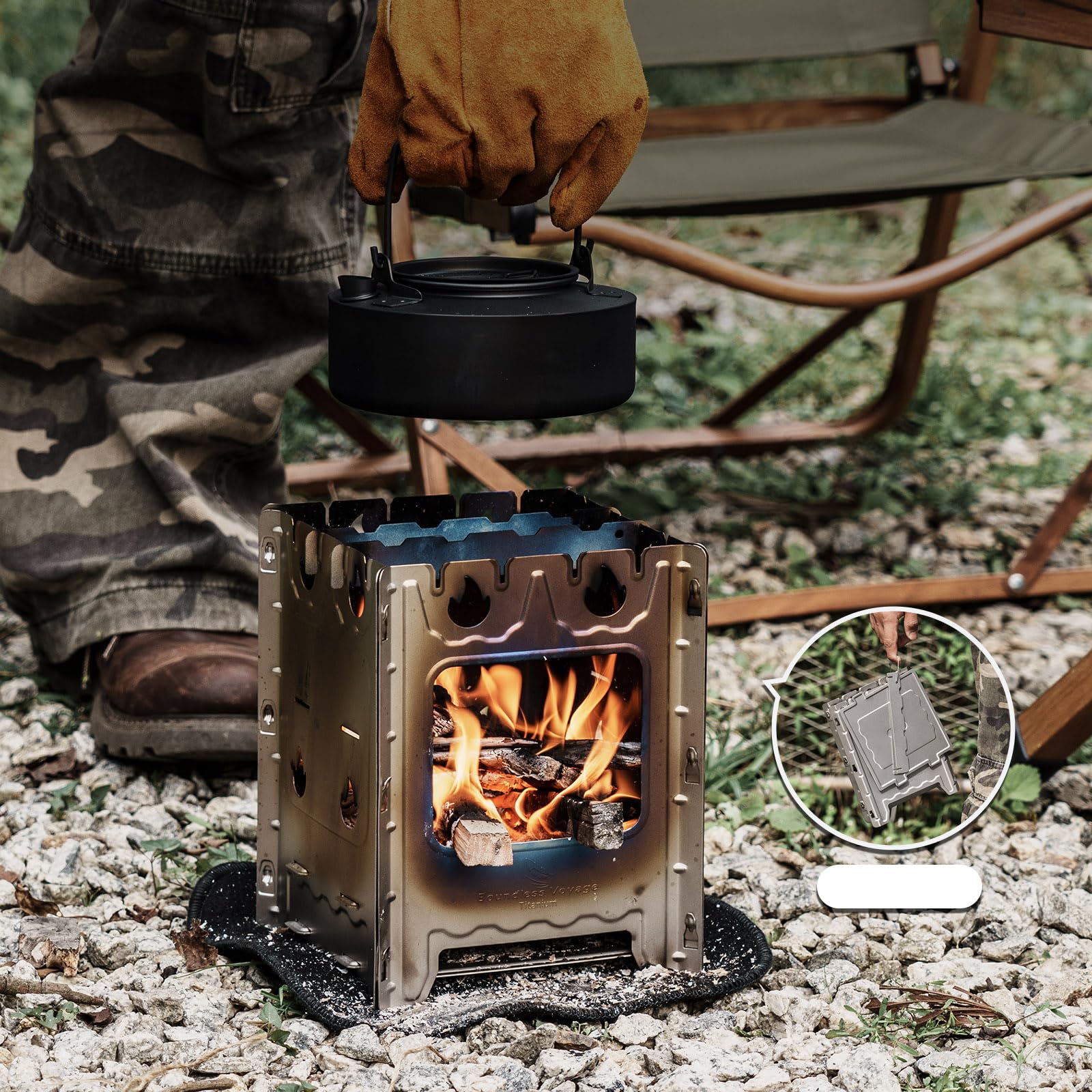 Boundless Voyage Poêle à bois pliable en titane ultra léger et compact pour le camping, la randonnée, la survie