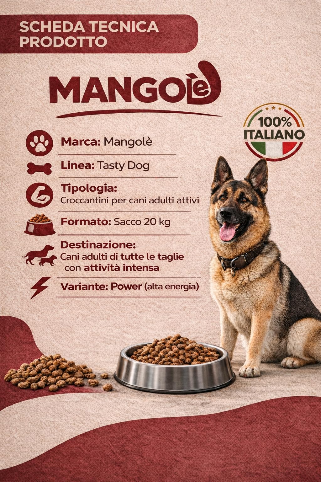 Mangolè Tasty Dog Adult Power 20 kg Croccantini per Cani Attivi Alto Contenuto Proteico Alimento Completo Energia Elevata Made in Italy