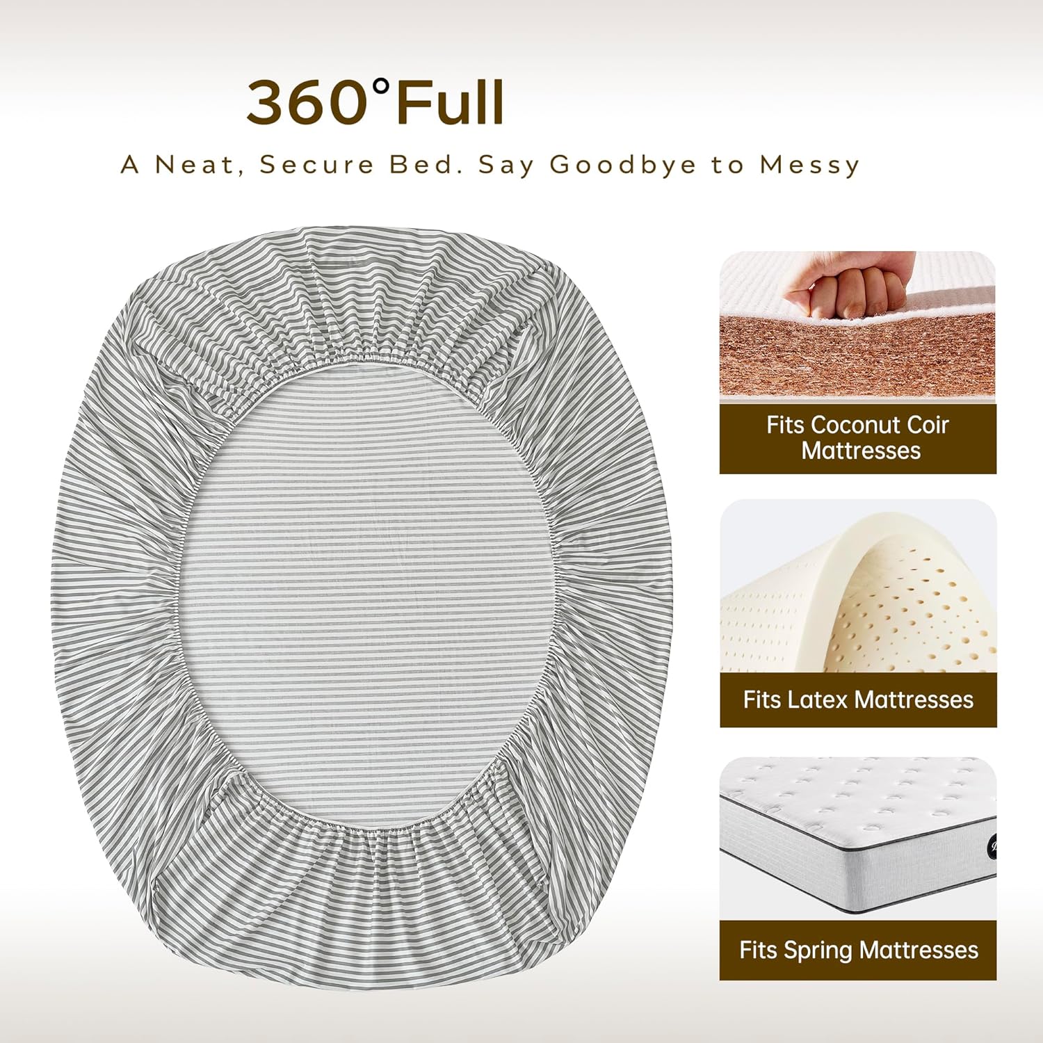 JELLYMONI 100% Cotton Grey Striped Fitted Sheet, Twin Bed Sheet Extral Deep 16”, Ultra Soft Breathable Deep Pocket Printed Grey with White Stripes Pattern, 1- Piece Fitted Sheet