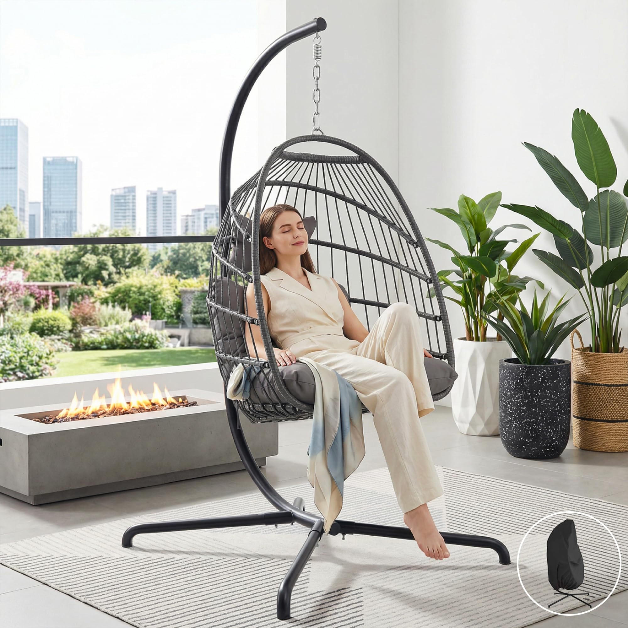 NICESOUL Egg Chair Outdoor Indoor, Cozy Patio Wicker Swing Hanging Chair with Stand, All Weather Hammock Egg Shaped Chairs with Cushions, 350lbs