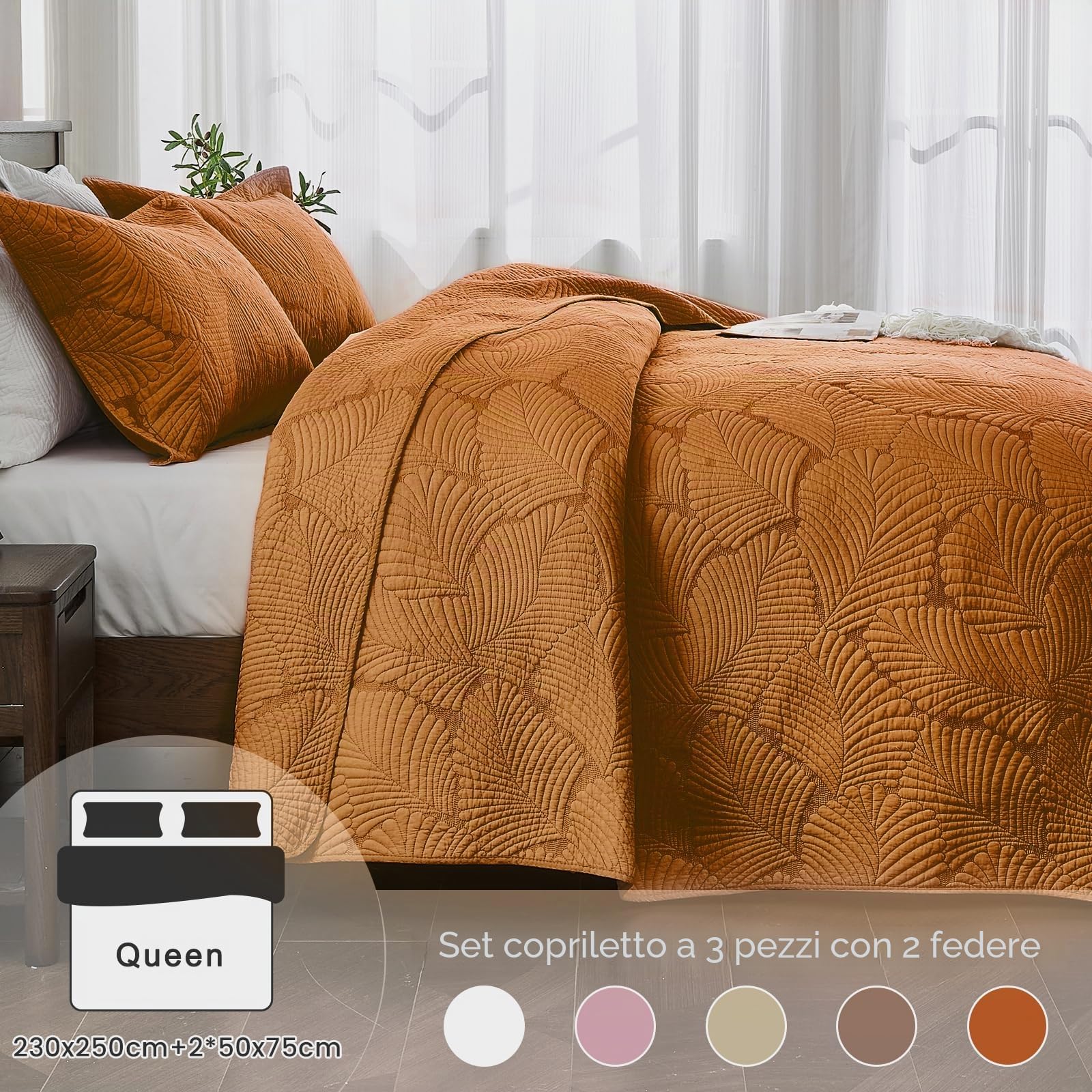 Qucover Copriletto Matrimoniale Cotone Arancione, Trapuntato Extra Morbido, Motivo a Foglie per Stagioni, 230x250cm