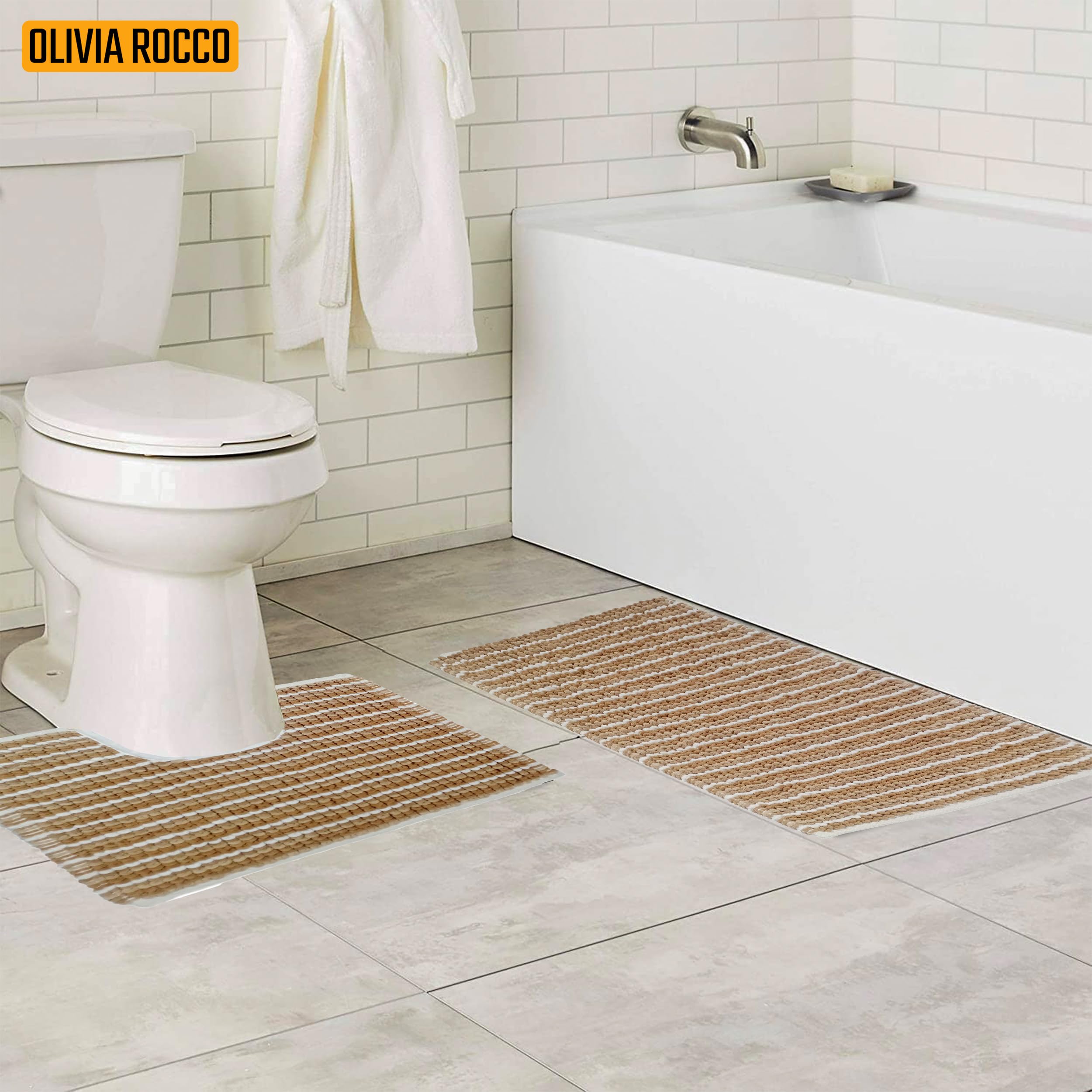 Olivia Rocco Amalfi 2 Piece Bath Mat Set Extra Soft Easy Care Plush Bath Rug + Toilet Mats Super Soft Cotton Water Absorbent Pedestal Bathmat for Bathroom Toilet Shower Natural - Image 3