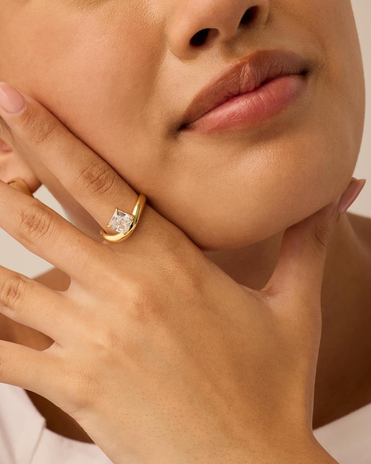 PAVOI 14K Gold Plated Wavy Engagement Ring for Women | Solitaire Cubic Zirconia Wedding Band & Promise Rings for Her | Trendy Fashion Jewelry - Image 2