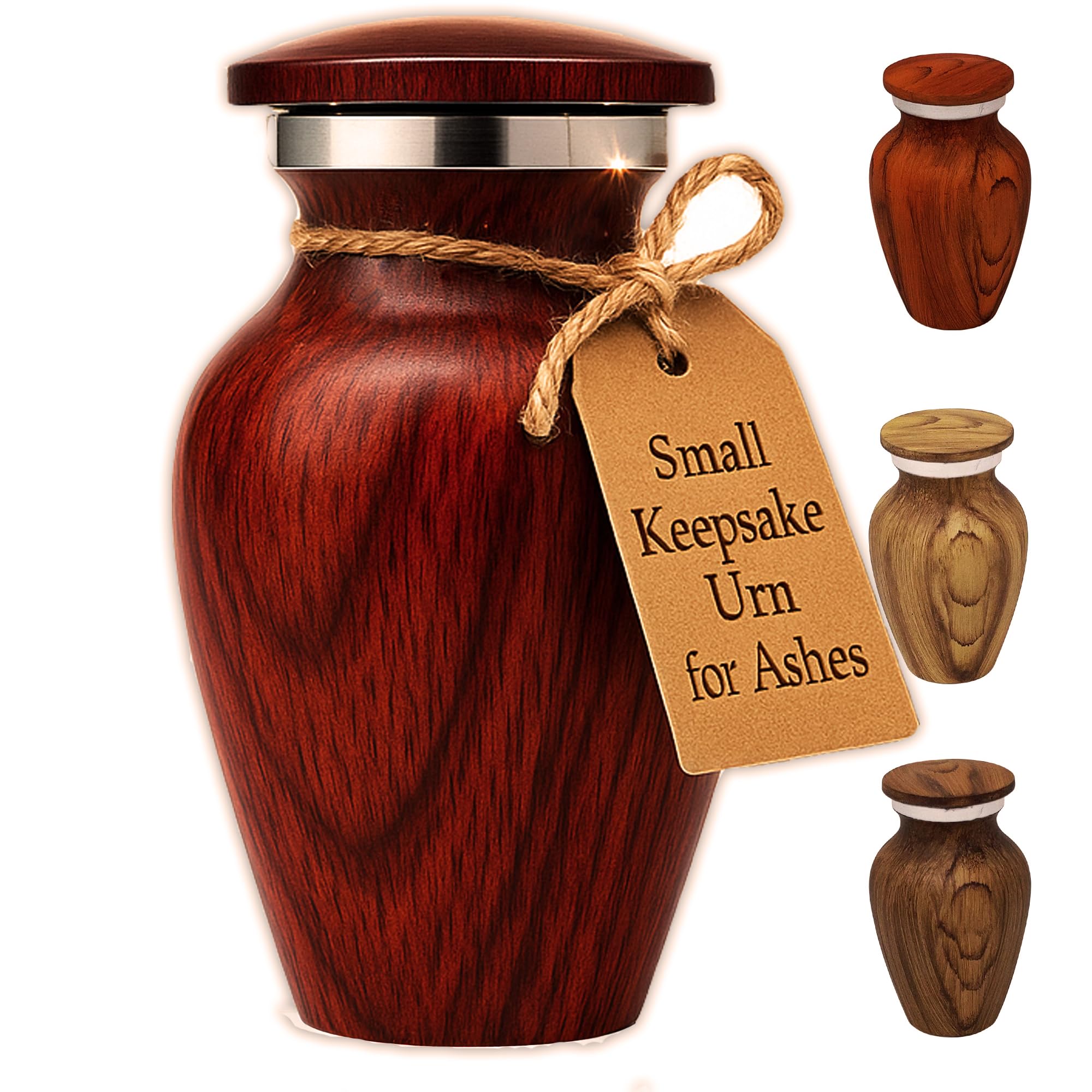 Small Keepsake Urn for Human Ashes – Cherry Wood Appearance Memorial – Handcrafted Mini Urn for Sharing – Recycled Cast Aluminum – Secure Lid - Velvet Bag & Funnel – Decorative Container