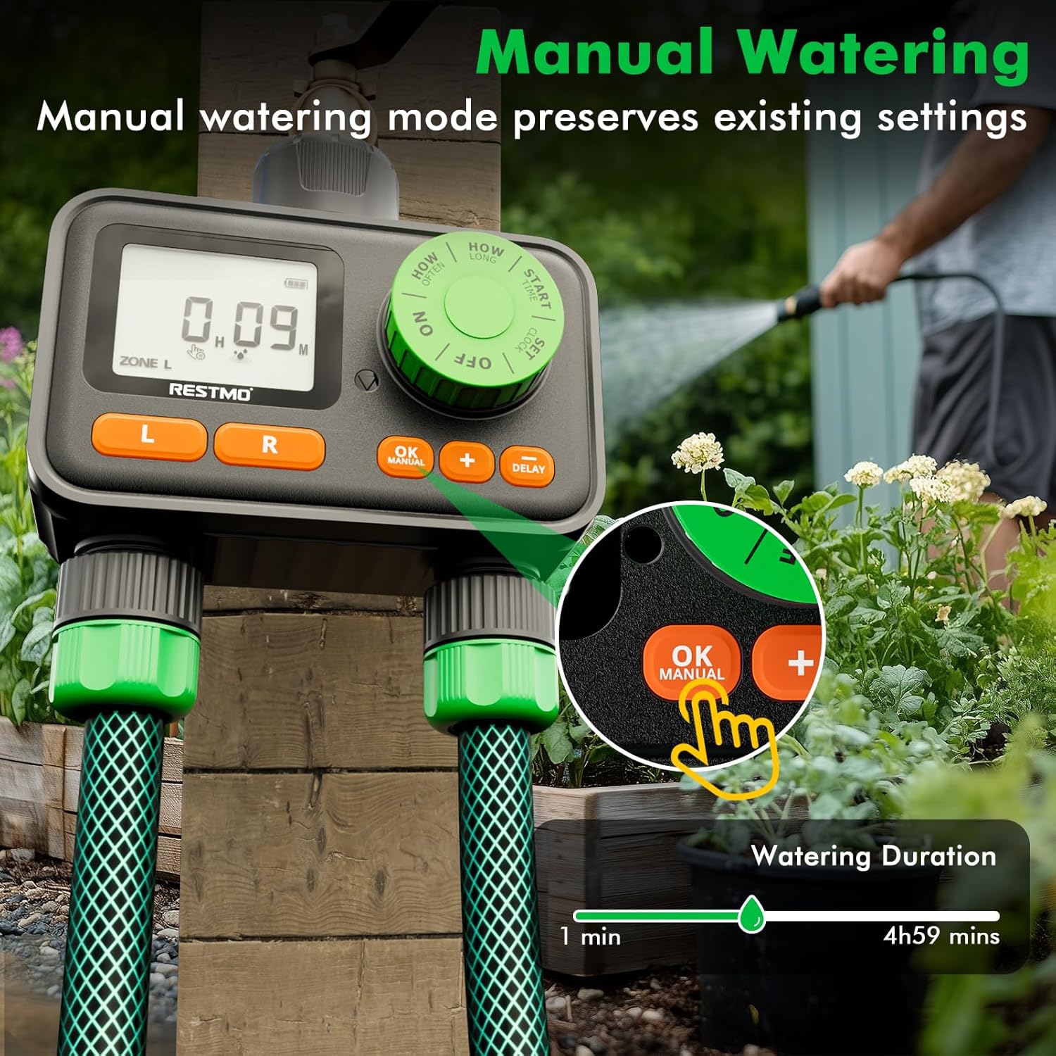 RESTMO 2 Zone Sprinkler Timer, Programmable Water Timer for Garden Hose, Automatic Control | Manual ON/Off | Rain Delay for Outdoor Faucet, Drip Irrigation and Lawn Watering System - Image 6