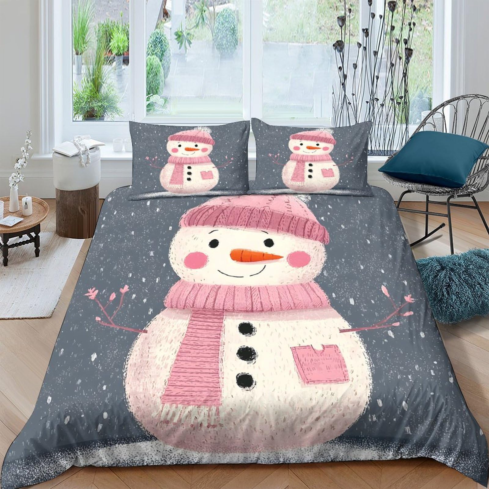 GPLZQXKJNH 3D Printed Snowman Duvet Cover Microfiber Soft Breathable Winter Cartoon Bedding Set with 2 Pillowcases for Bedroom Decor Single（135x200cm）