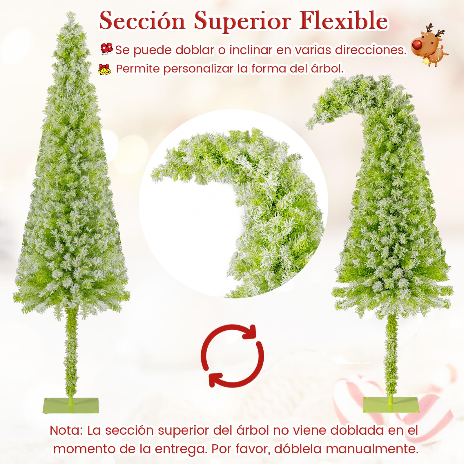 COSTWAY Árbol de Navidad Nevado con Luces 180cm, Cima Flexible, Arbol de Navidad Estrecho con Luces Incorporadas, 8 Modos con 120 LED Blancas Cálidas, 290 Puntas de Ramas (180 cm)