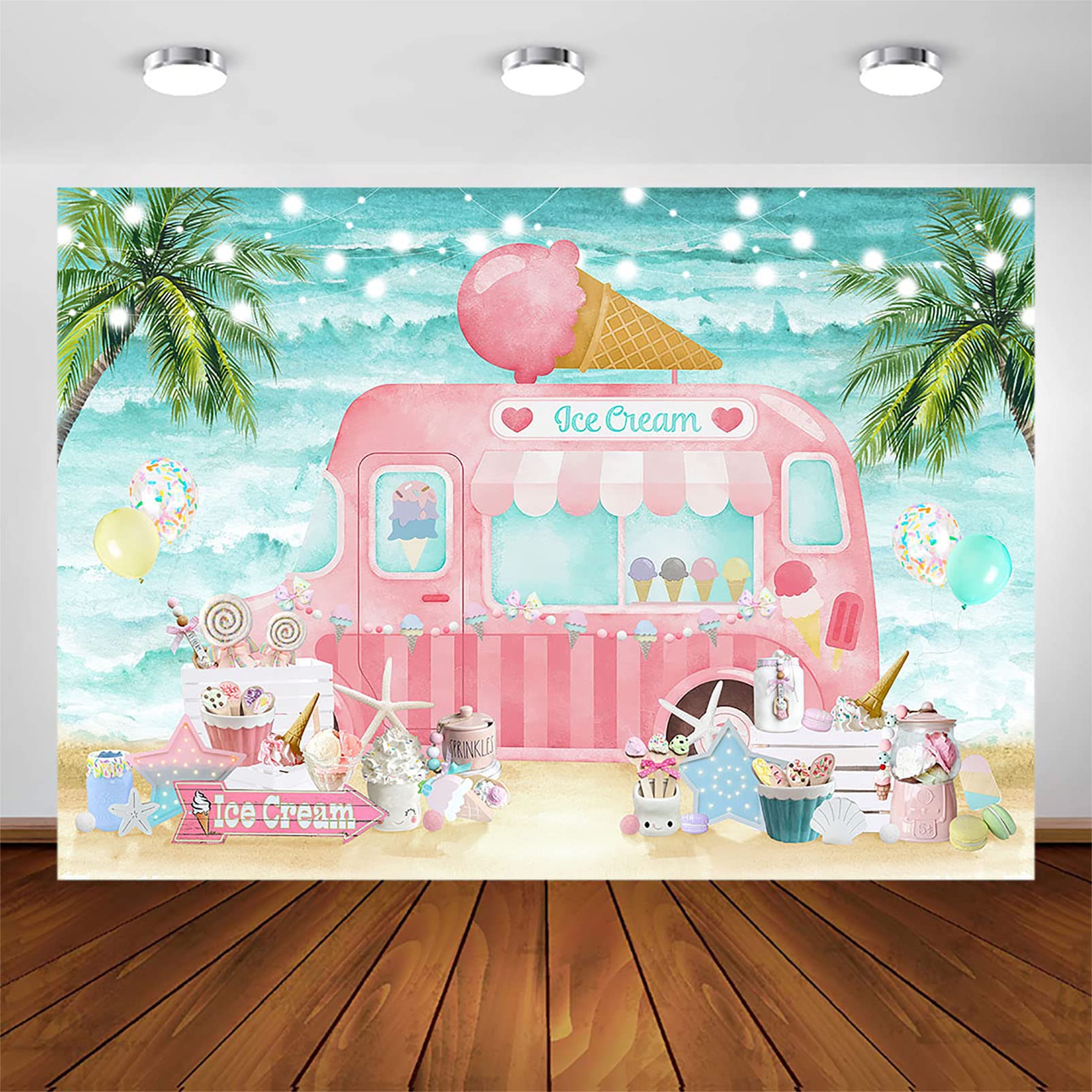 Photo 1 of Avezano Ice Cream Party Backdrop Summer Ice Cream Truck Birthday Party Decorations Here's The Scoop Baby Shower Party Photo Background Cake Smash Banner (7x5ft)