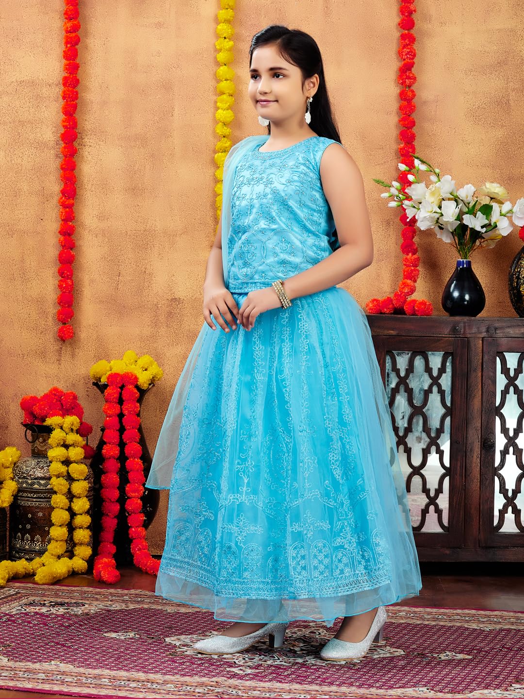 Aarika Girls Ethnic Wear Turquoise Colour Thread Embroidery Net Lehenga Choli Set (4-10 Years)