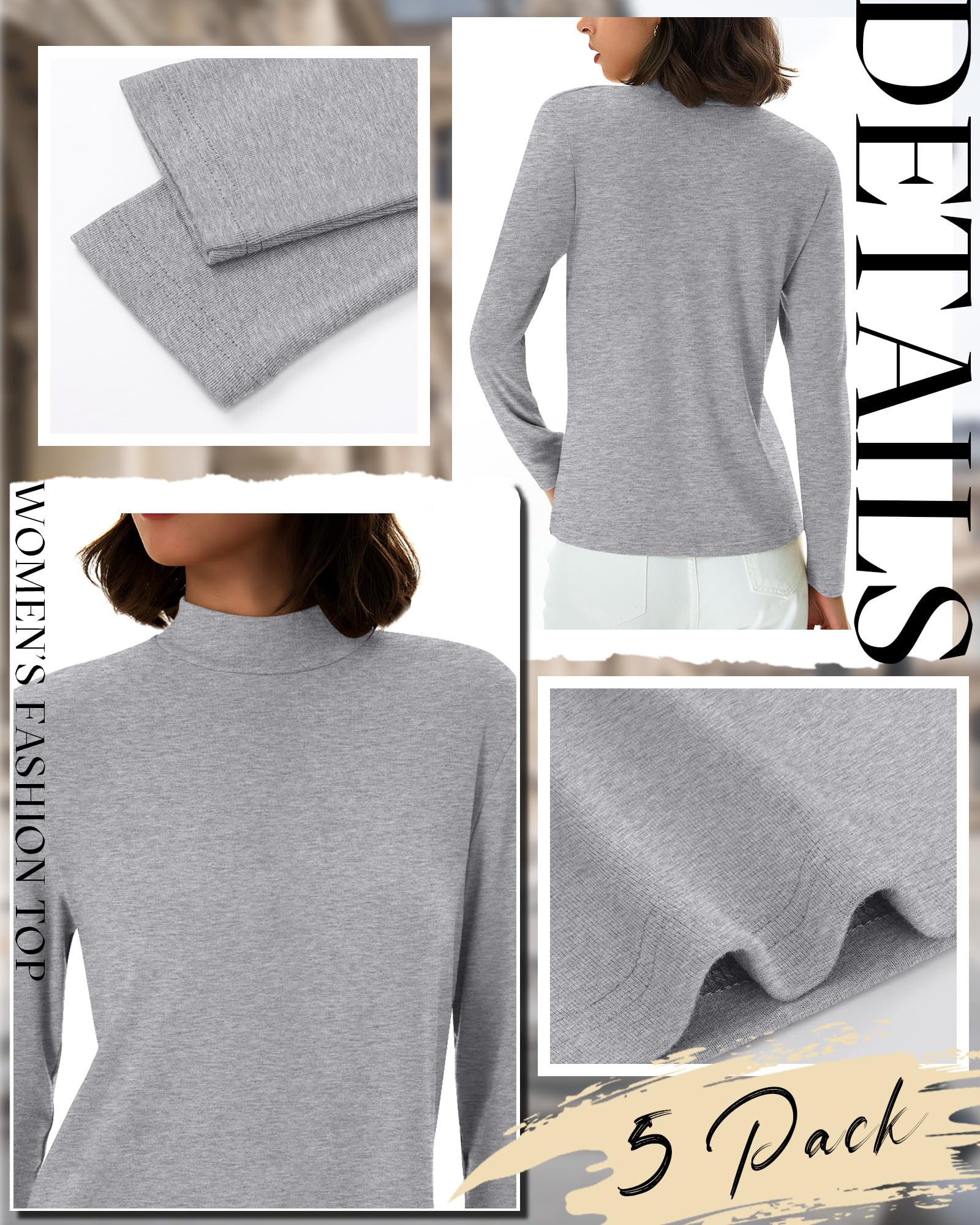 Lot de 5 T-Shirts Basiques à col roulé et Manches Longues en Coton pour Femme