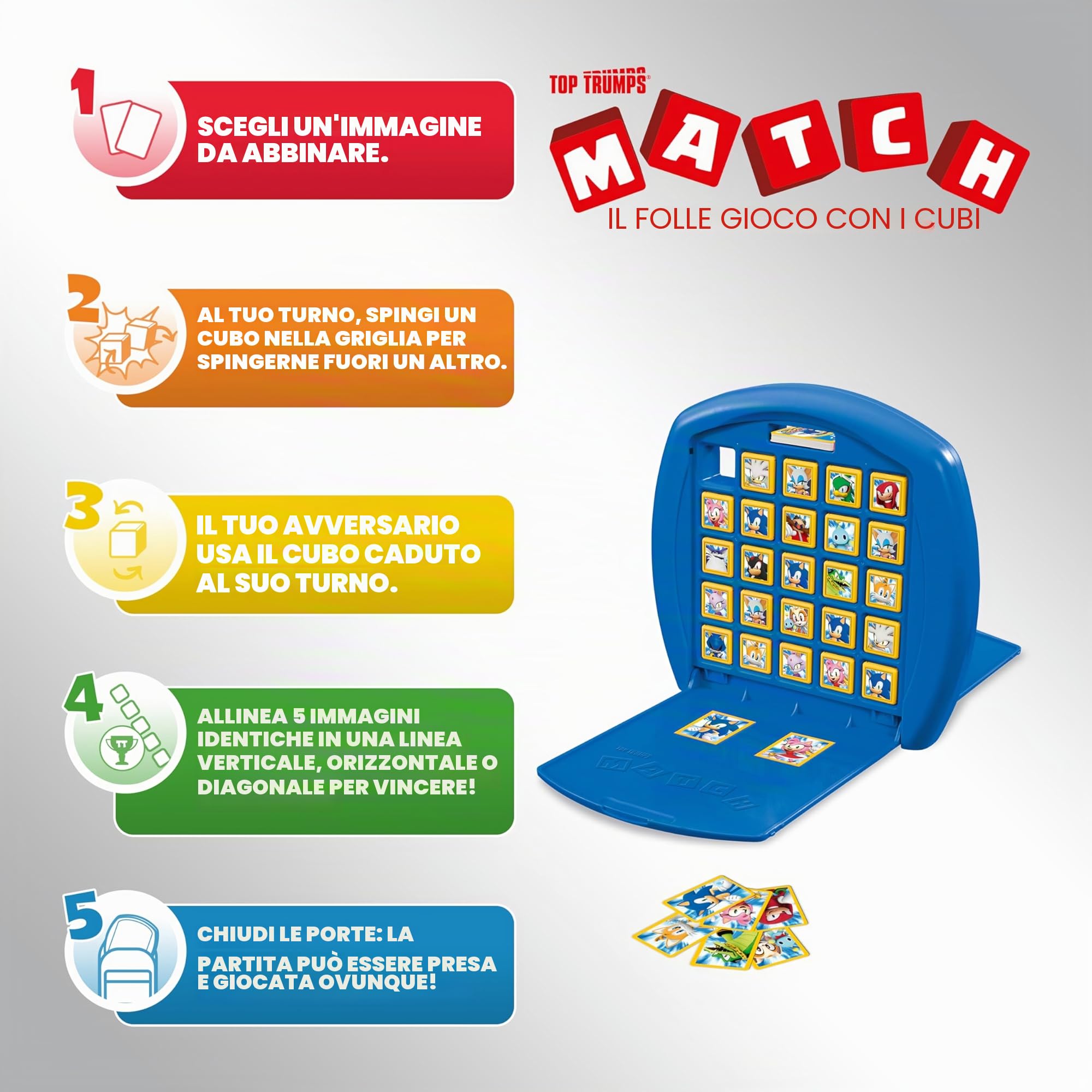 WINNING MOVES - MATCH SONIC THE HEDGEHOG - Allinea 5 cubi per vincere - Gioco da tavolo - Gioco di viaggio - 2 giocatori - Versione italiana, WM04308-ML1-6