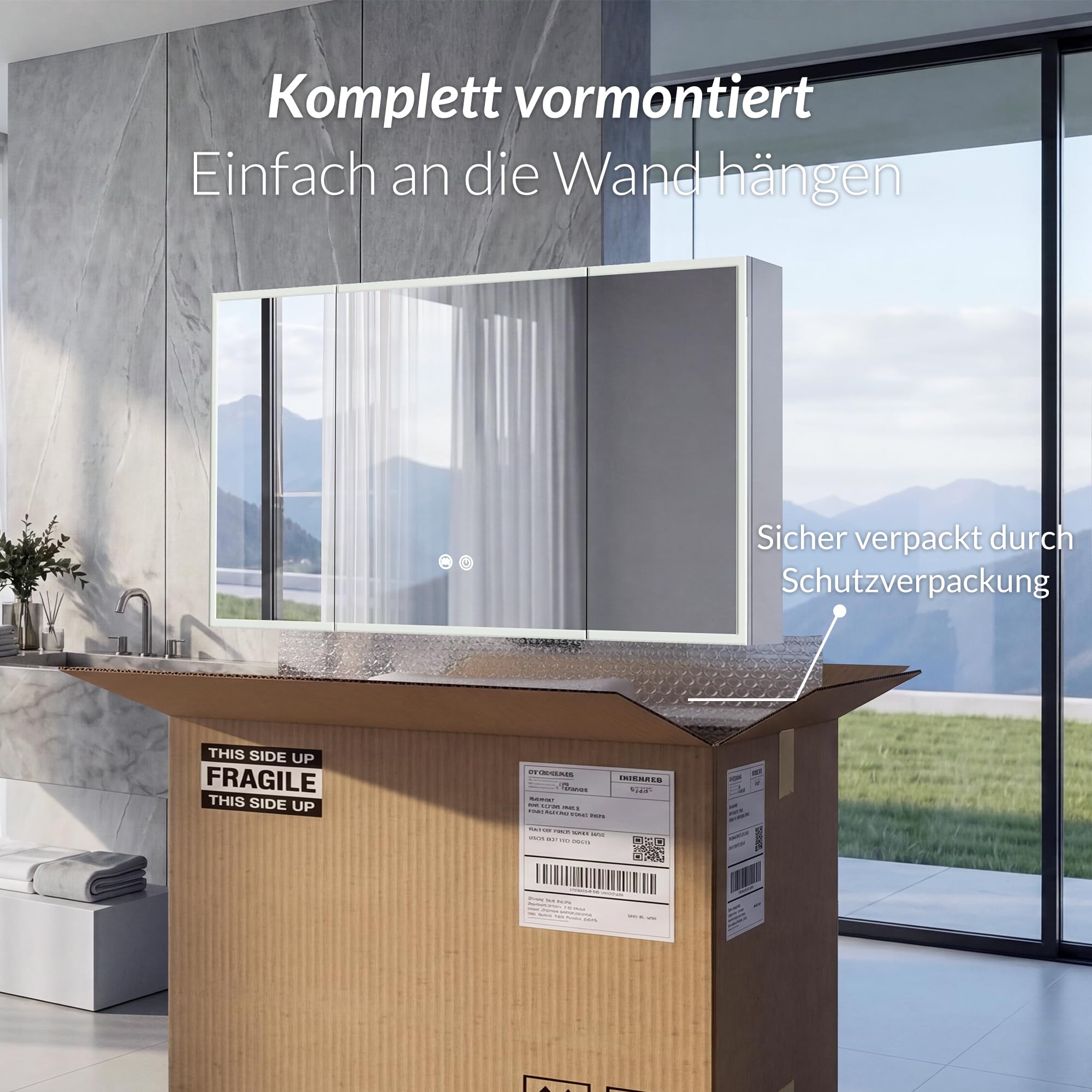 Spiegelschrank Bad mit Beleuchtung – 3 Farbtemperaturen dimmbar & verstellbare Böden, komplett vormontiert mit Steckdose (EU), Type-C & USB, Antibeschlag & IP44 – 95x60x14cm Weiß