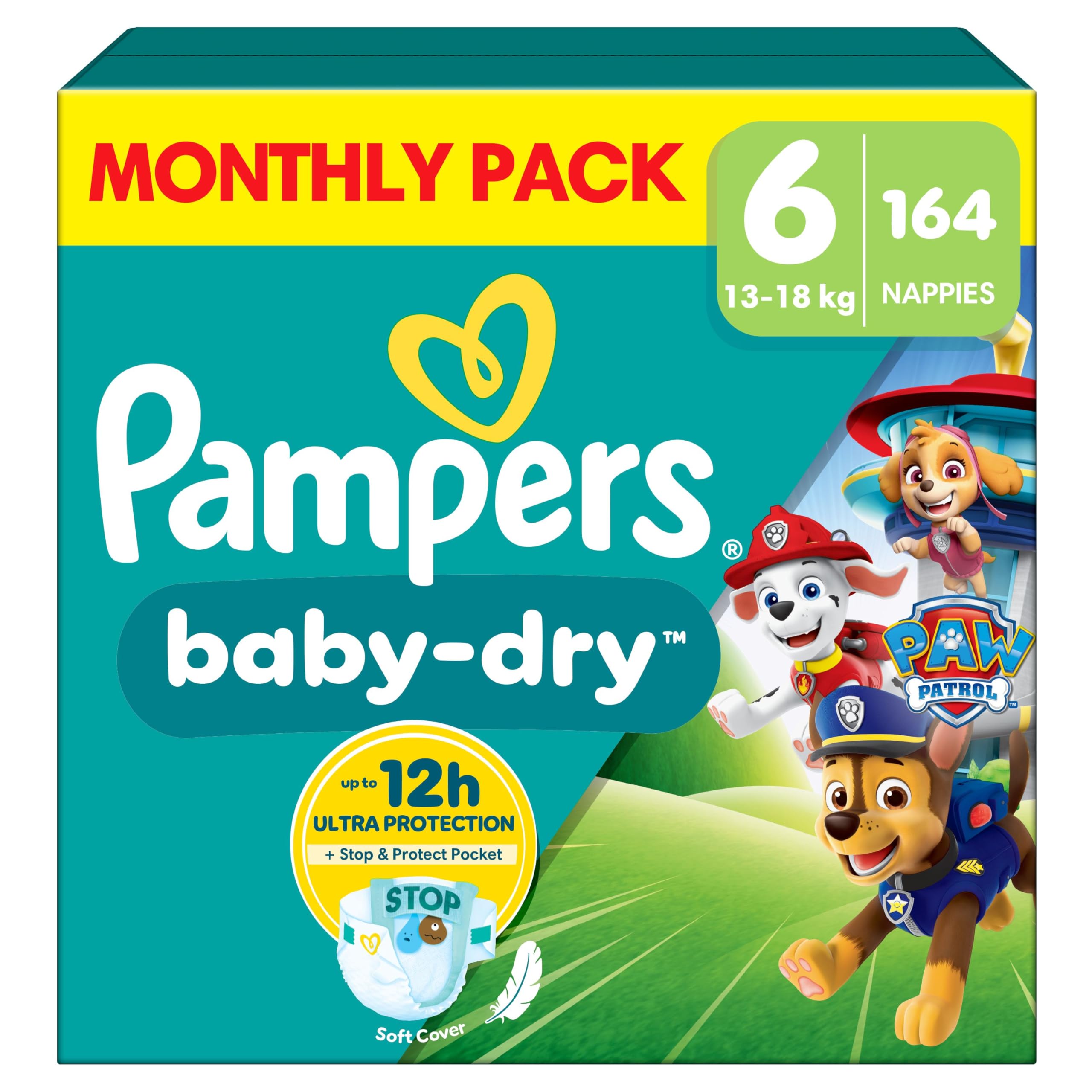PampersBaby-Dry Paw Patrol Edition Size 6, 164 Nappies, 13kg-18kg, Monthly Pack, Up to a 100% Leak-Free & Comfortable NightThe Forest Stewardship Council