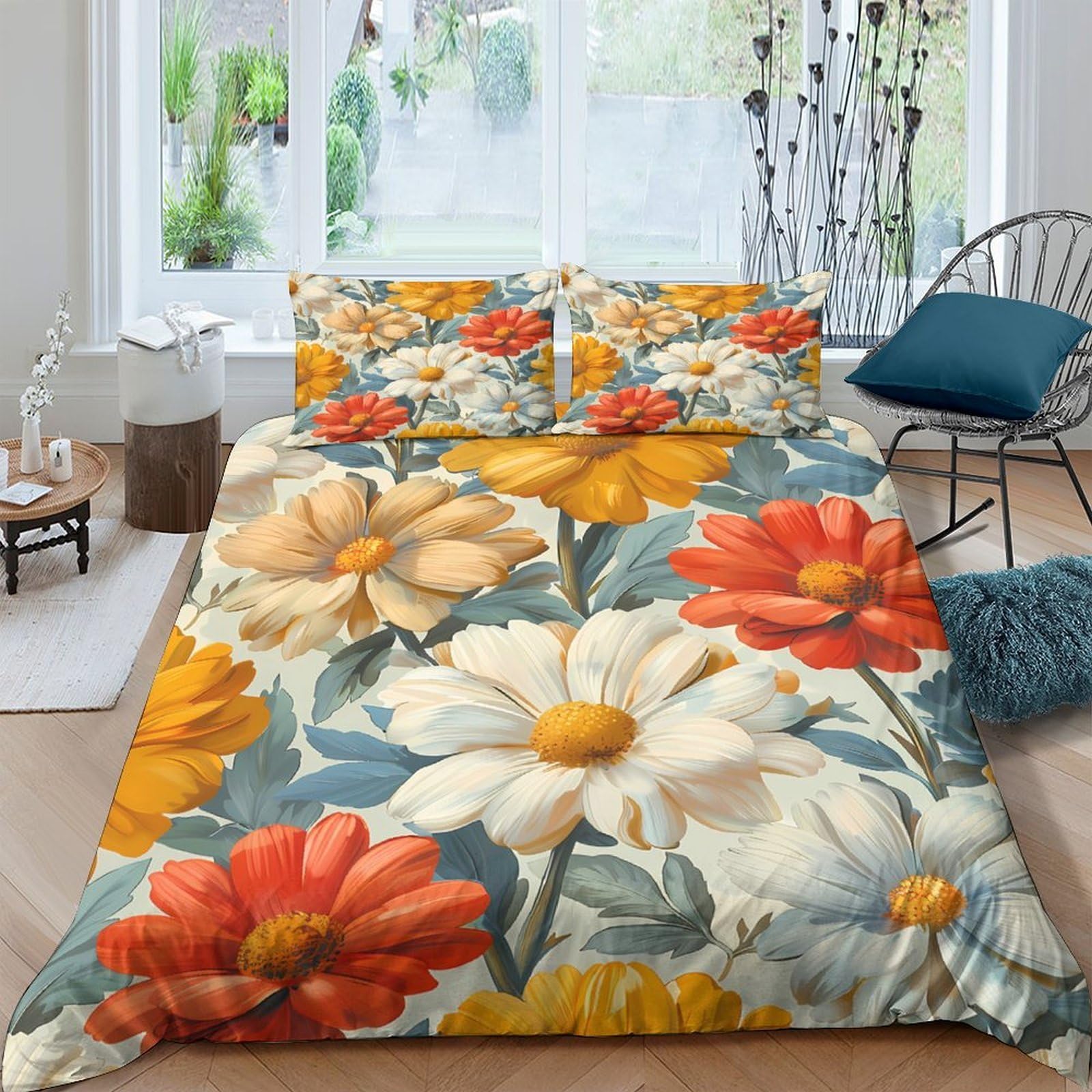 Ctjqhvkz Style-6 3D Printed Vintage Floral Fitted Sheet Microfiber Orange Daisy Bed Cover For Bedroom Guest Room Mattress Protection Single（135X200cm）