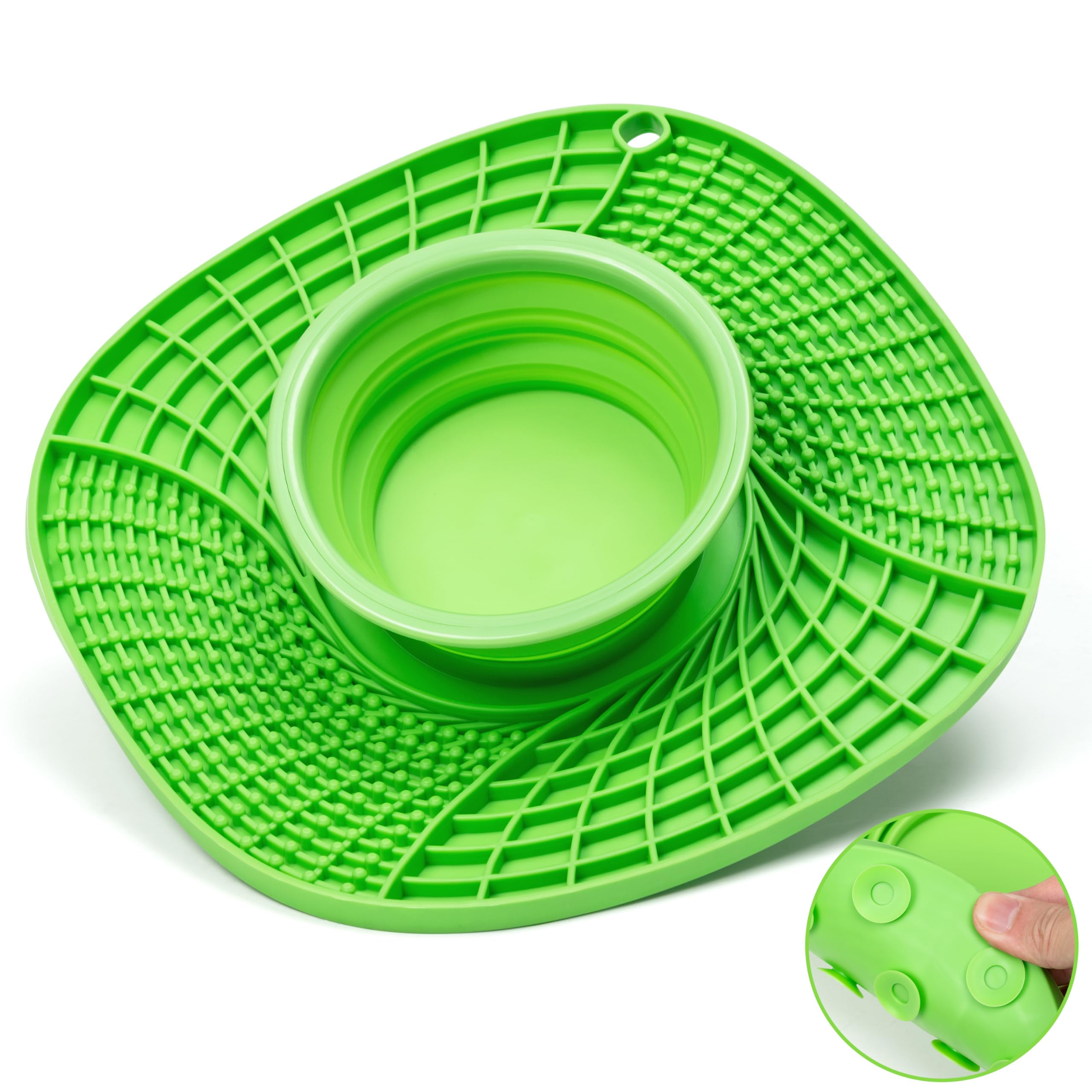 Licky Mat for Dogs Cats with Water Bowl, 3-in-1 Slow Feeder Bowl Feeding Mat, Silicone Licking Pad for Anti-Bloat Anxiety Relief Mental Stimulation, Home Travel Pet Supplies, Green