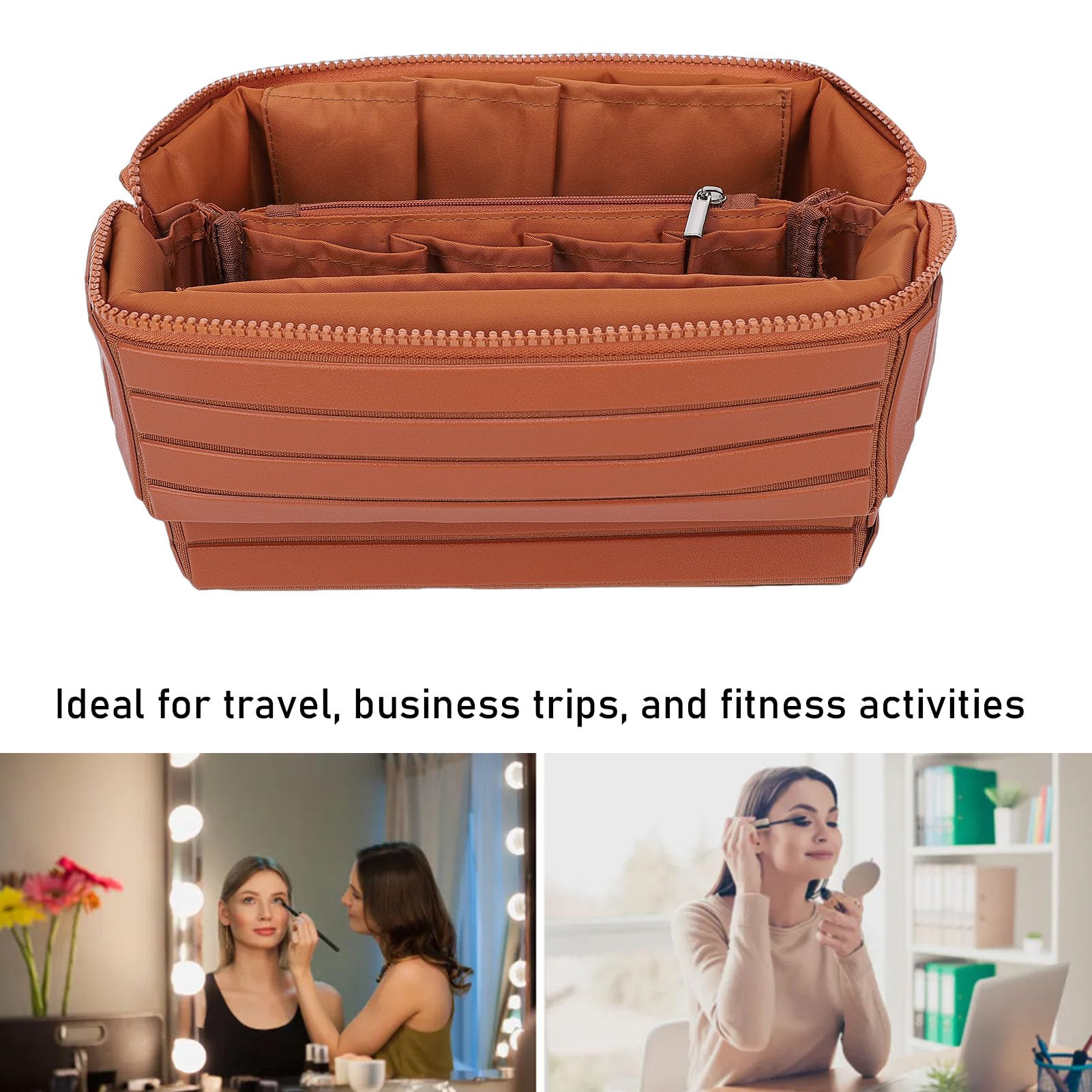 Bolsa de Maquillaje de Viaje, Bolsas de Cosméticos de Gran Capacidad para Mujeres, Bolsa de Aseo Plegable a Prueba de Agua, Diseño Abierto (Brown)