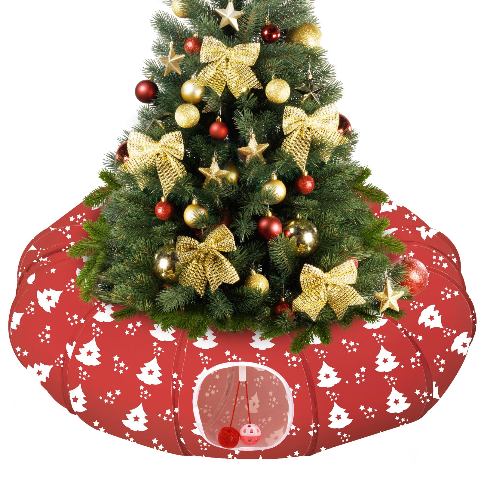Pawaboo Letto a Tunnel per Gatti sotto L'Albero di Natale, 35,4" Tunnel Giocattolo per Gatti a Cerchio con Palla, Tunnel Decorativo Natalizio Pieghevole a Tubo per Gattini (Albero di Natale Rosso)