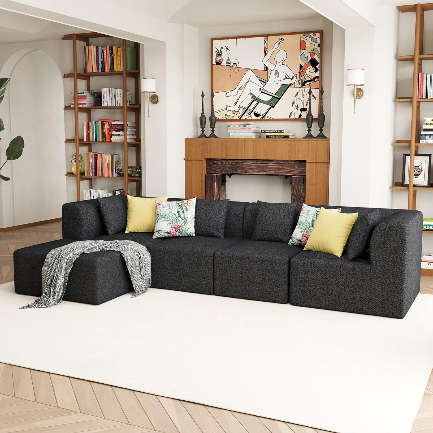 4 Seater Sofa – 120" Convertible Sectional Couch, Modular L Shaped Sofa with Recliner, Perfect for Family Living Room Black L Shaped