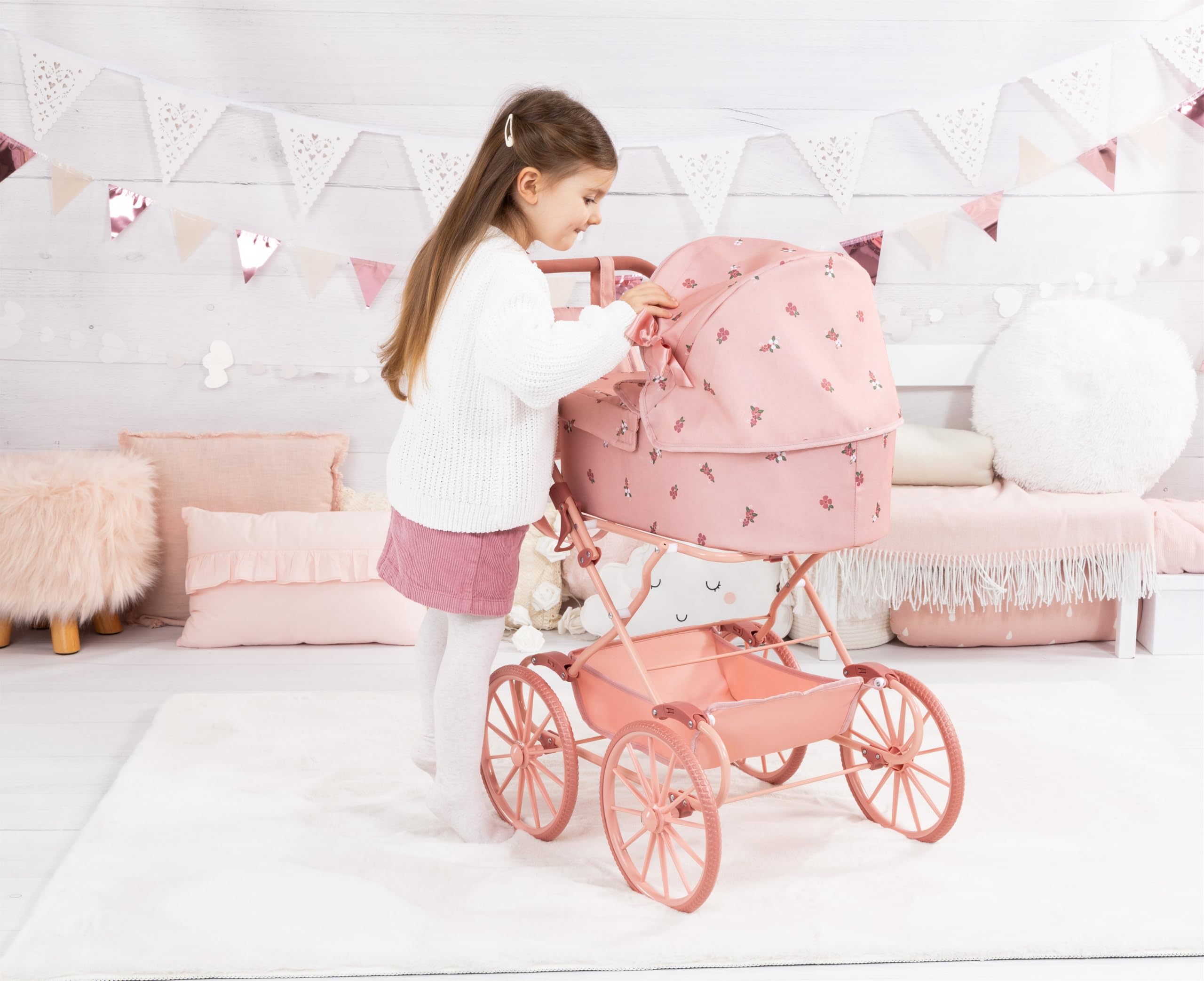 Bayer Design Poussette Landau de poupée nostalgique avec Sac | landau de poupée classique avec grandes roues, coussin, sac, poignée haute, pour poupées jusqu'à 46 cm, panier intégré