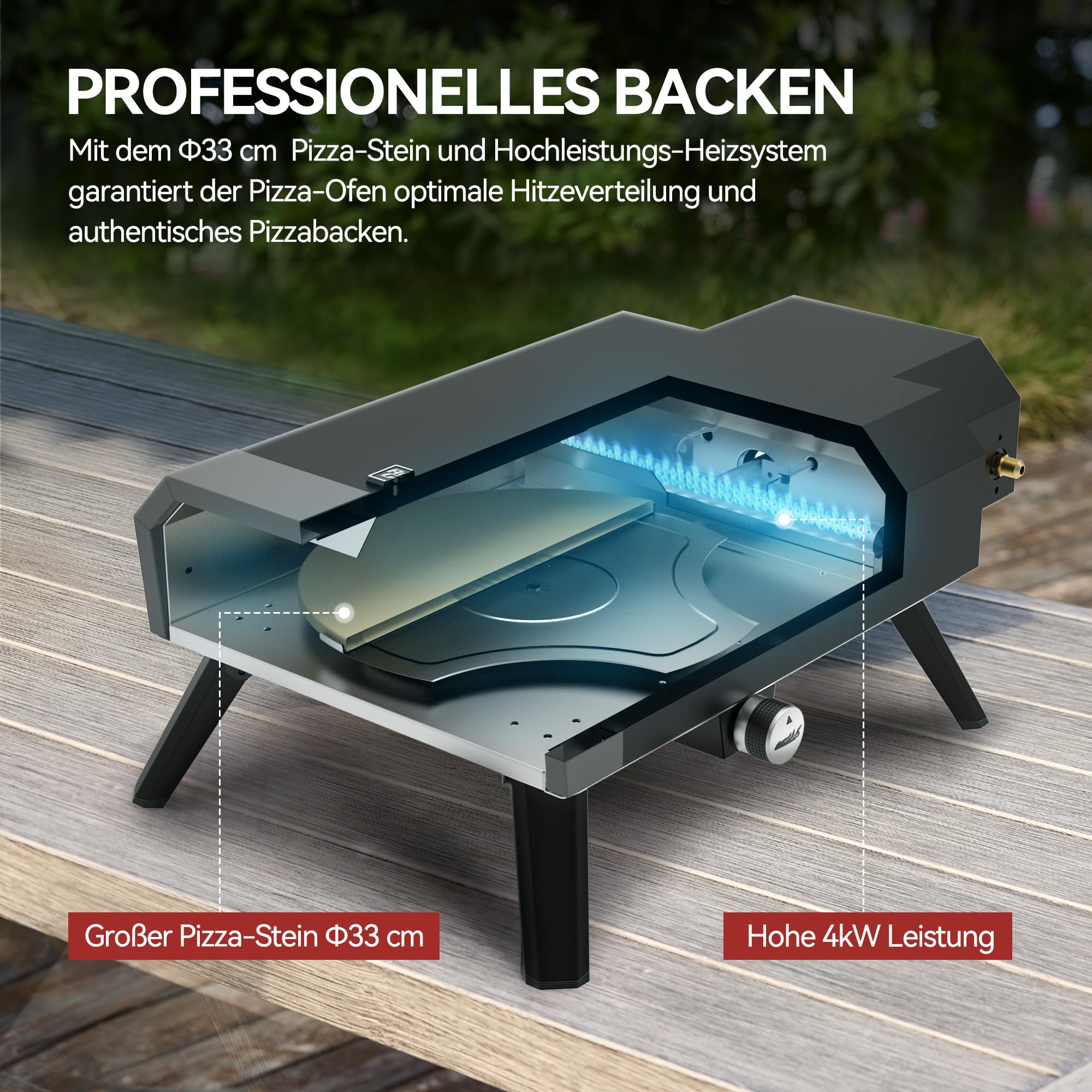 Royal Gourmet Four à pizza compact à gaz avec pierre à pizza 4 kW Four à gaz avec tuyau à gaz et régulateur Four avec pieds pliants pour camping en plein air
