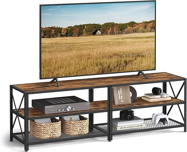 VASAGLE TV Stand for TV up to 70 Inches, TV Table, Entertainment Center, 3-Tier TV Console, Steel Frame, Industrial Style, for Living Room, Rustic Brown and Black ULTV095B01 63”L Rustic Brow