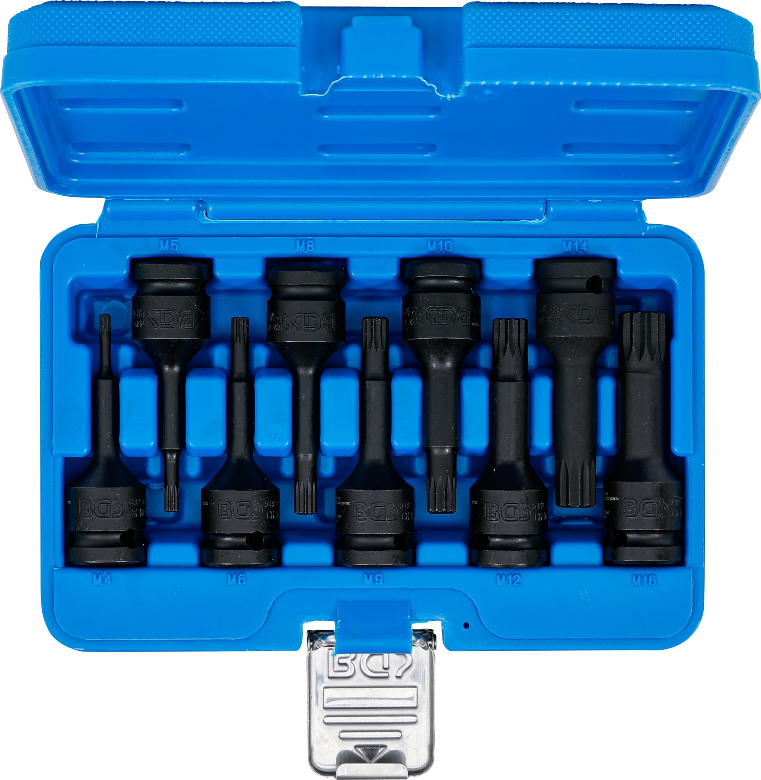 BGS 5482 | Juego de puntas de vaso de impacto | entrada 12,5 mm (1/2") | dentado múltiple interior (para XZN) M4 - M16 | 9 piezas | Accionamiento cuadrado interior 12,5 mm (1/2") | longitud 75 mm | acero al cromo molibdeno | para llave manual y de impacto