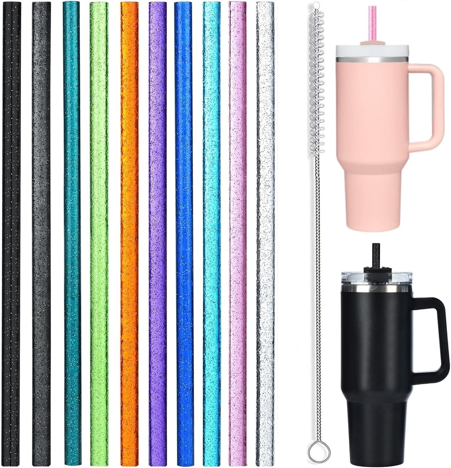 10 Pack Stanley Cup Straws - 12 inch Plastic Straw - 40/30 oz Tumbler Reusable Plastic Drinking Straws | Stanley Cup Accessories with Cleaning Brush (Glitter)