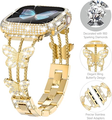 Miniatura 10 de Wingle Correa de acero inoxidable para Apple Watch de 1.575 in para mujer, iWatch Series 6, 5, 4, SE, con diamantes de imitación, mariposa,