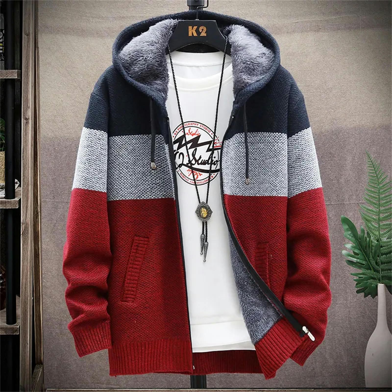 Sweter męski zimowy ciepły dzianinowy sweter z dzianiny duży rozmiar luźny sweter z kapturem 4xl-niebieski-3xl 80-85 kg