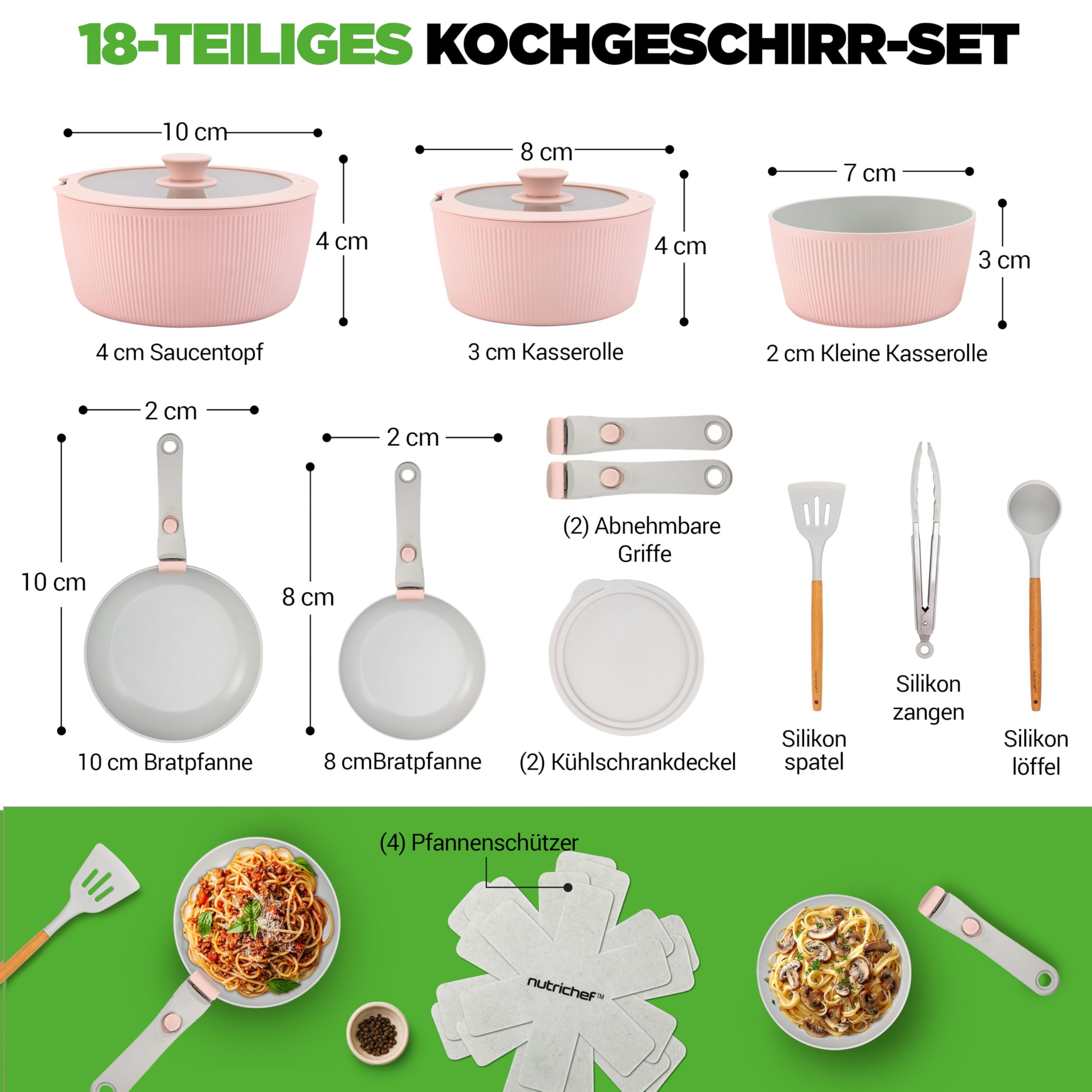 NutriChef Topfset 18 Teilig Keramik Rosa mit Abnehmbaren Griffen Induktion Topf und Pfannenset Antihaft Platzsparend Stapelbar Ofenfest Alle Herdarten