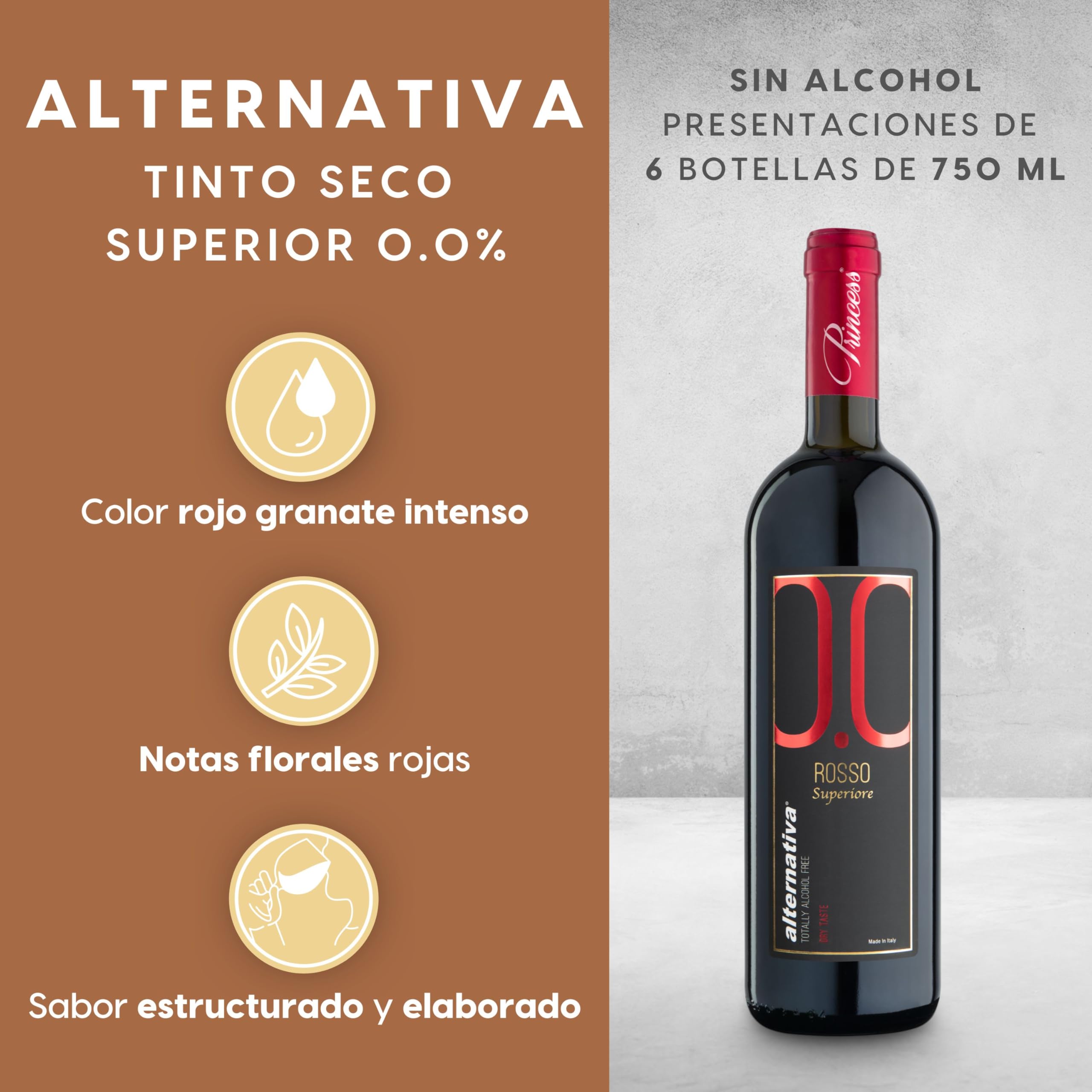 ALTERNATIVA Vino Tinto Sin Alcohol 0,0% - Pack de 6 Botellas de 750ml - Perfecto para Celebraciones, Regalos