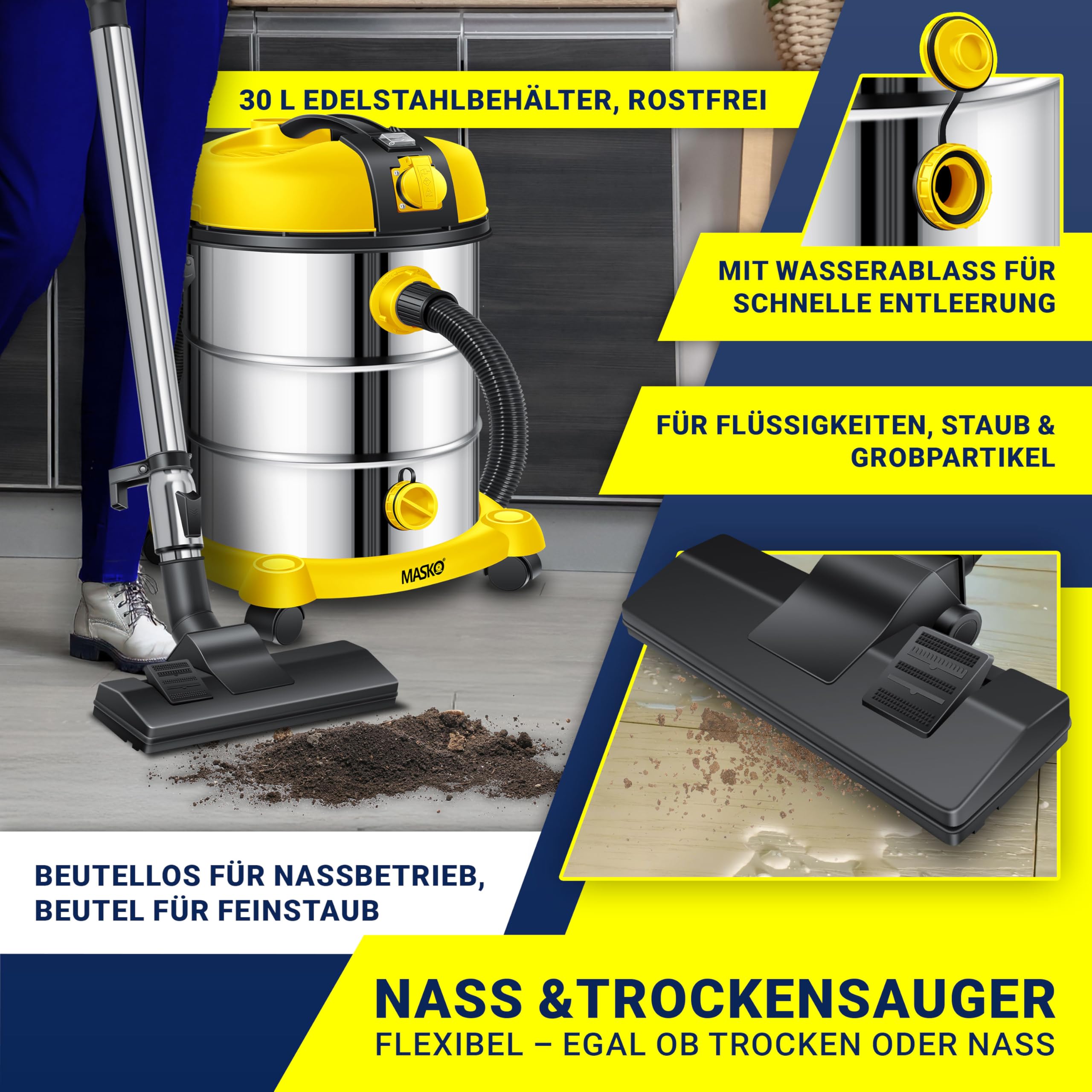 MASKO Industriestaubsauger Nass Trocken Sauger Edelstahl 2300W Steckdose Blasfunktion Push&Clean beutellos