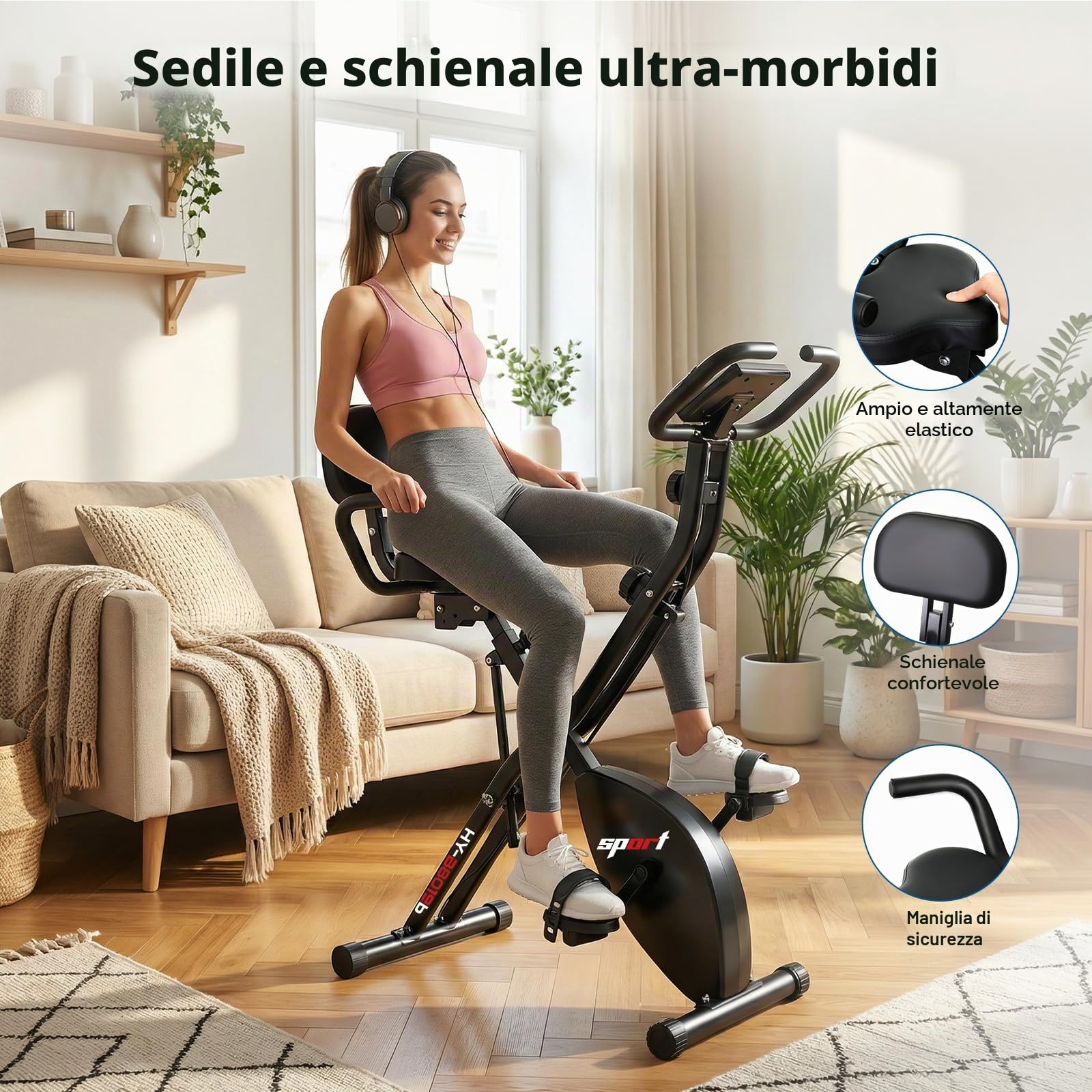 Cyclette Pieghevole da Casa 4 in 1, Bicicletta magnetica pieghevole, Resistenza magnetica regolabile a 8 livelli, monitor LCD e sensore di frequenza cardiaca.