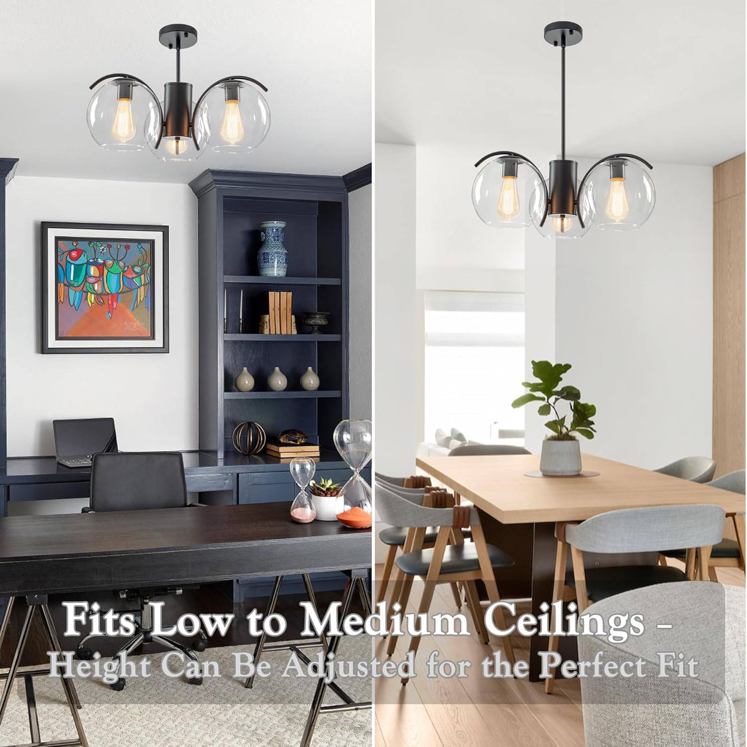3-Light Black Chandelier with Downward Arched Arms, Modern Farmhouse Pendant Light Fixture with Clear Glass Globe Shades, Ceiling Lighting for Dining Room, Bedroom and Foyer