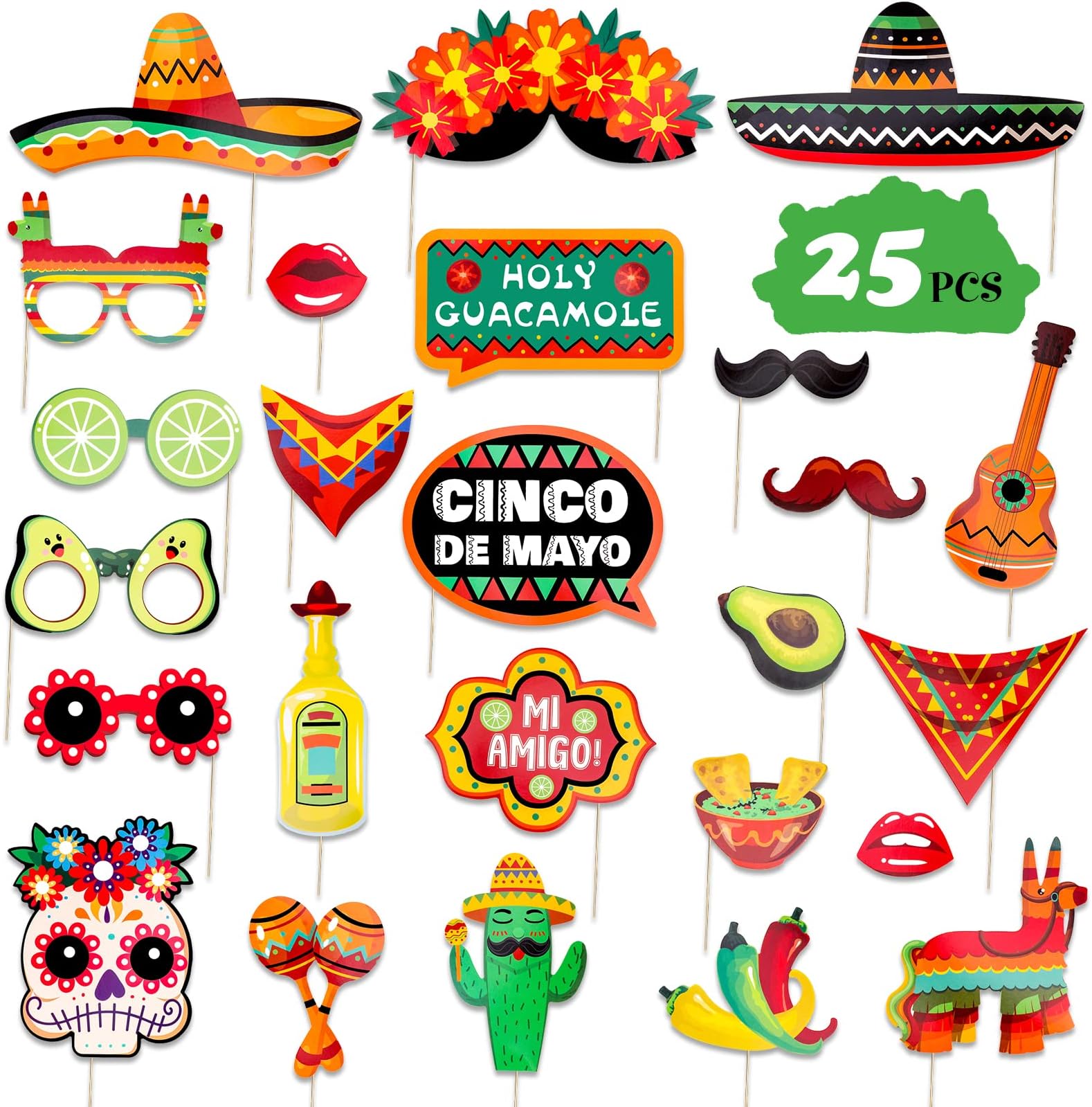 Qpout 25PCS Mexico Fiesta Photo Prop Mexican Carnival Party Decoration Supplies for May Day Selfie Party Supplies Fiesta Photo Decoration Mexican Themed